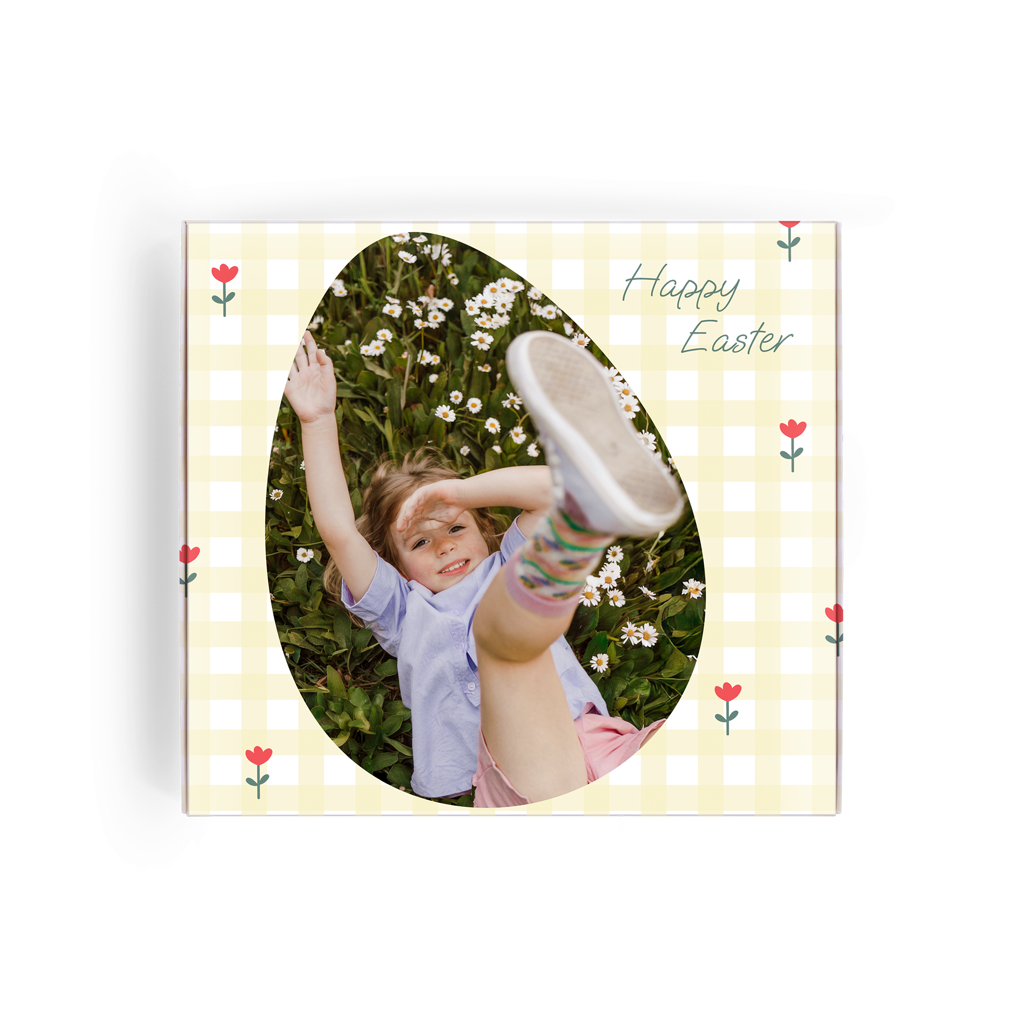 Personalised M&Ms gift box with a photo of a child and Happy Easter printed on a yellow checkered design