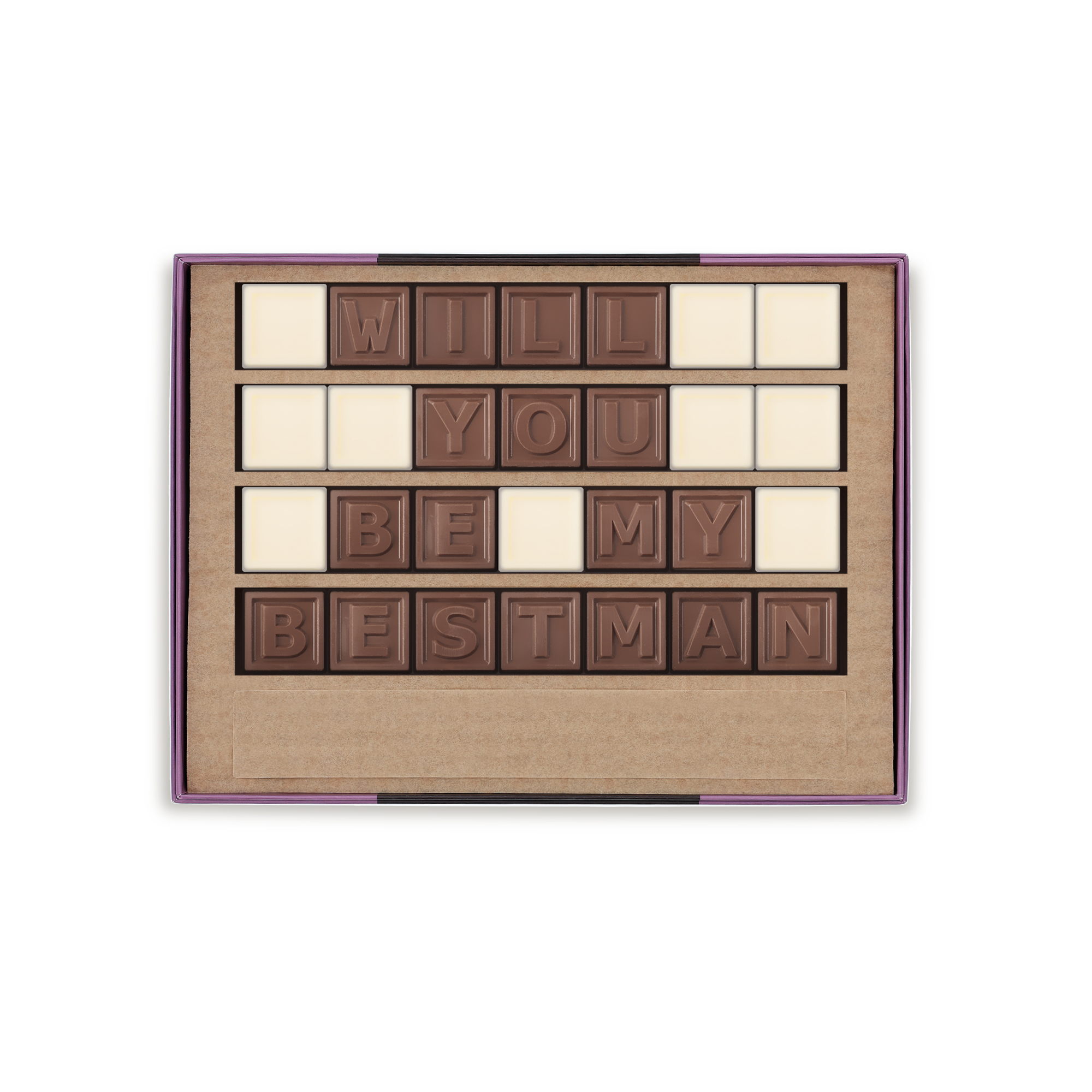 Un telegramma di cioccolato personalizzato in confezione regalo, con il messaggio "WILL YOU BE MY BESTMAN" in cioccolato al latte e spazi bianchi