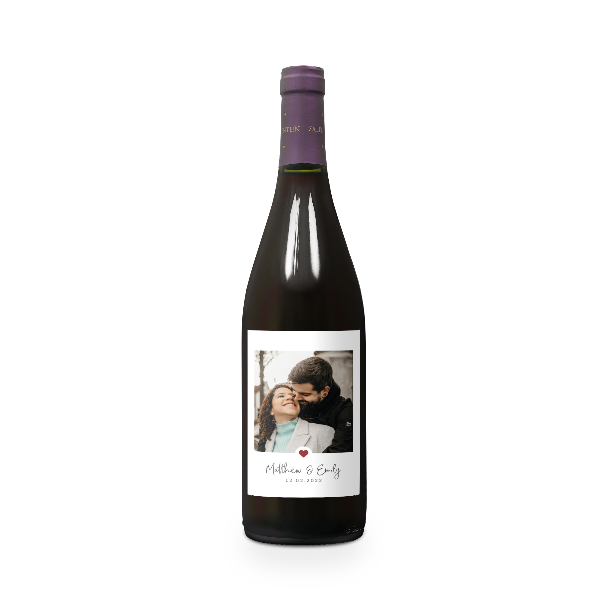 A delicious bottle of Salentein Pinot Noir with a personalized photo and text label printed with "Matthew & Emily 12.02.2022" and a red heart.