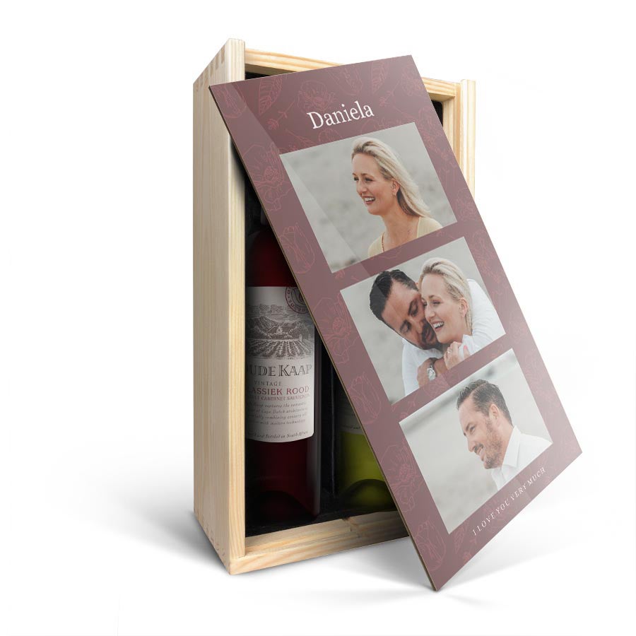 Personalised wine gift - Oude Kaap - Red & White - Wooden case