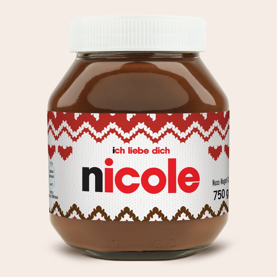 Personalisiertes nutella®-Glas Personalisiertes nutella Glas 750g mit roter Strickmuster-Banderole, bedruckt mit