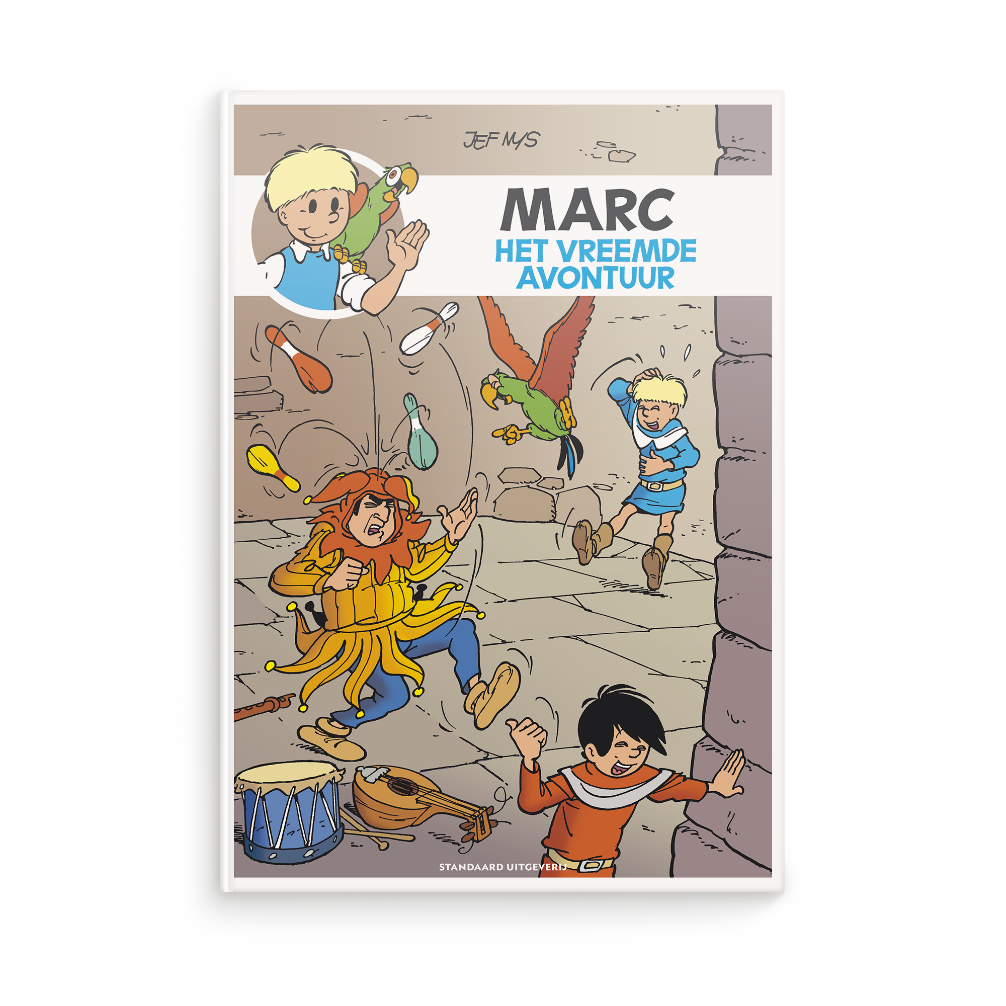 Persoonlijk stripboek - Jommeke Het vreemde avontuur hardcover, met aanpasbare naam Marc en Jef Mys als auteur, gedrukt op de voorkant van het stripboek.
