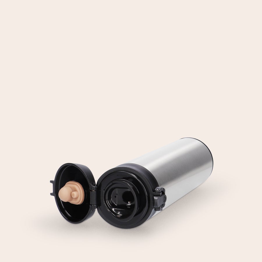 Thermos bedrukken Luxe zilveren waterfles met open dop en zwarte accenten. Personaliseer dit jouw drankje stijlvol to go in een luxe waterfles met naam en foto.