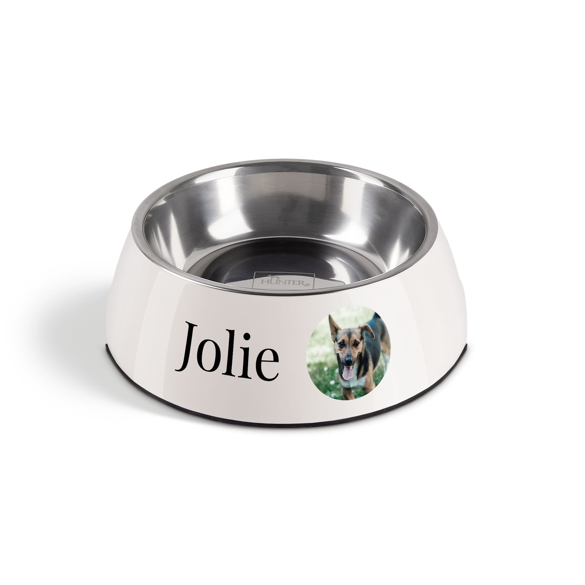 Gamelle personnalisée pour chien, avec le nom Jolie et la photo d'un chien imprimés sur le côté.