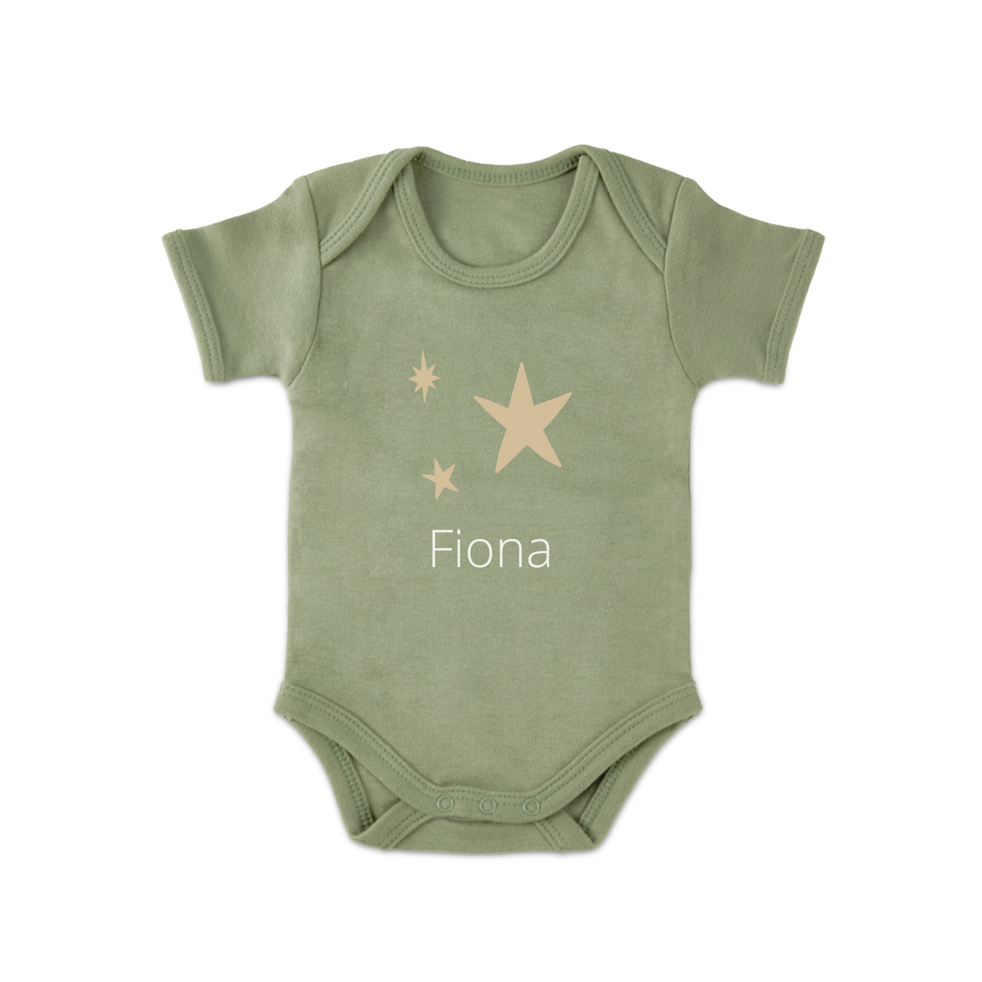 Grüner Babybody bedruckt mit dem Namen Fiona und drei goldenen Sternen, ein origineller Babybody.