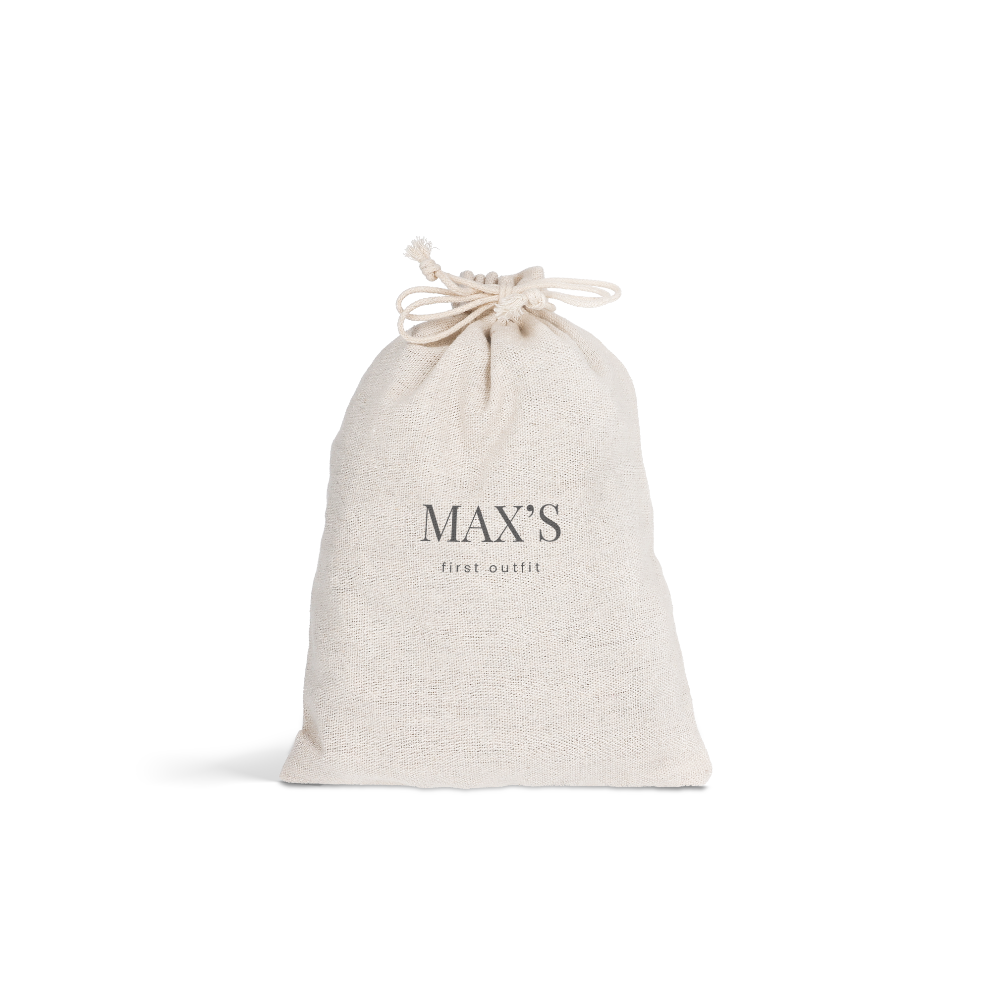 Personalizovaná darčeková taška so šnúrkou pre Veľkú noc s textom MAX'S first outfit, potlačená na bavlne a ľane.