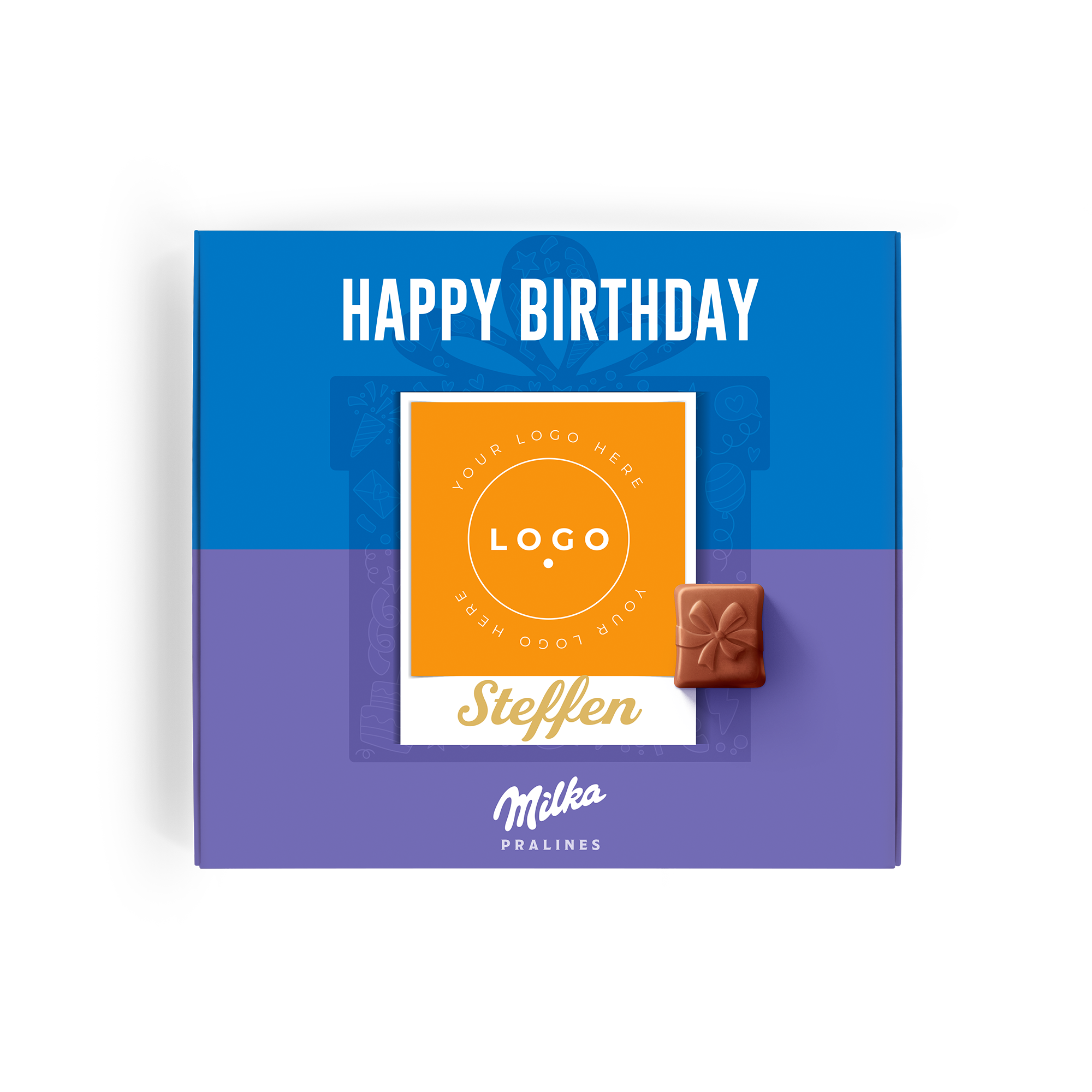 Personalisierte Milka Pralinen zum Geburtstag in violetter Box mit dem Namen Steffen und Platz für ein Foto