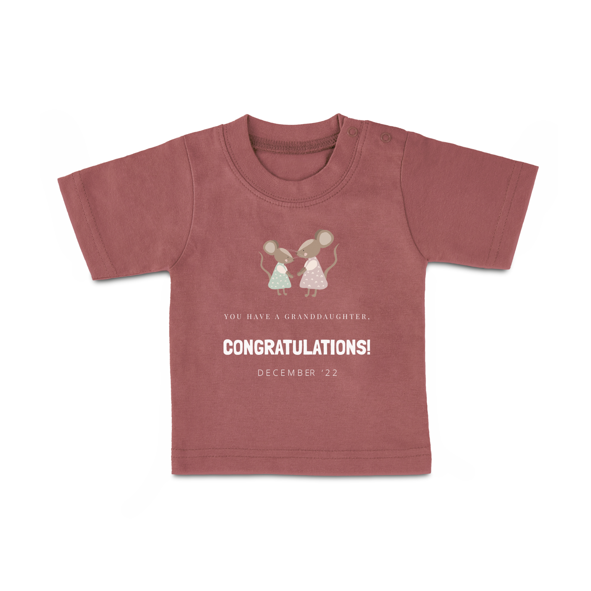 Pink baby shirt with two cartoon mice and printed text Congratulations December 22.