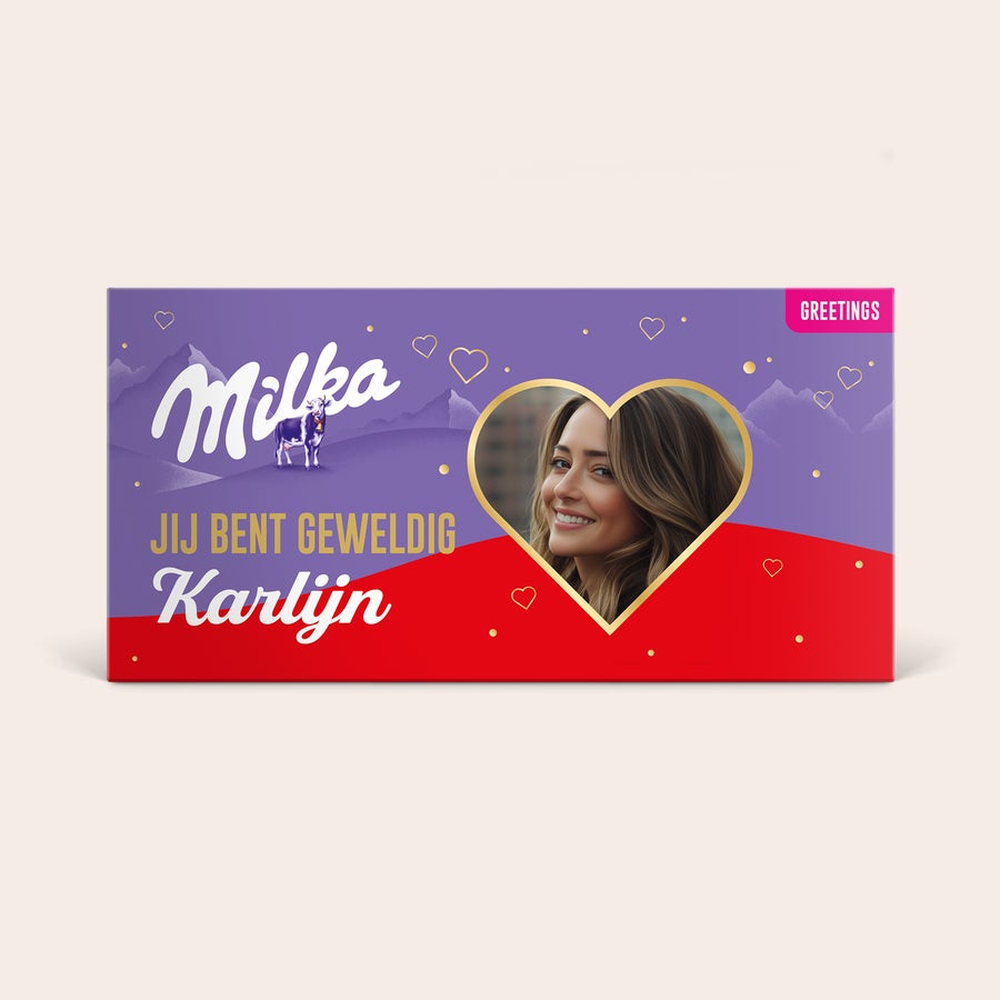 Gepersonaliseerde Milka reep - Hazelnoot Gepersonaliseerde Milka reep - Gebroken noten met eigen foto in hartvorm en tekst