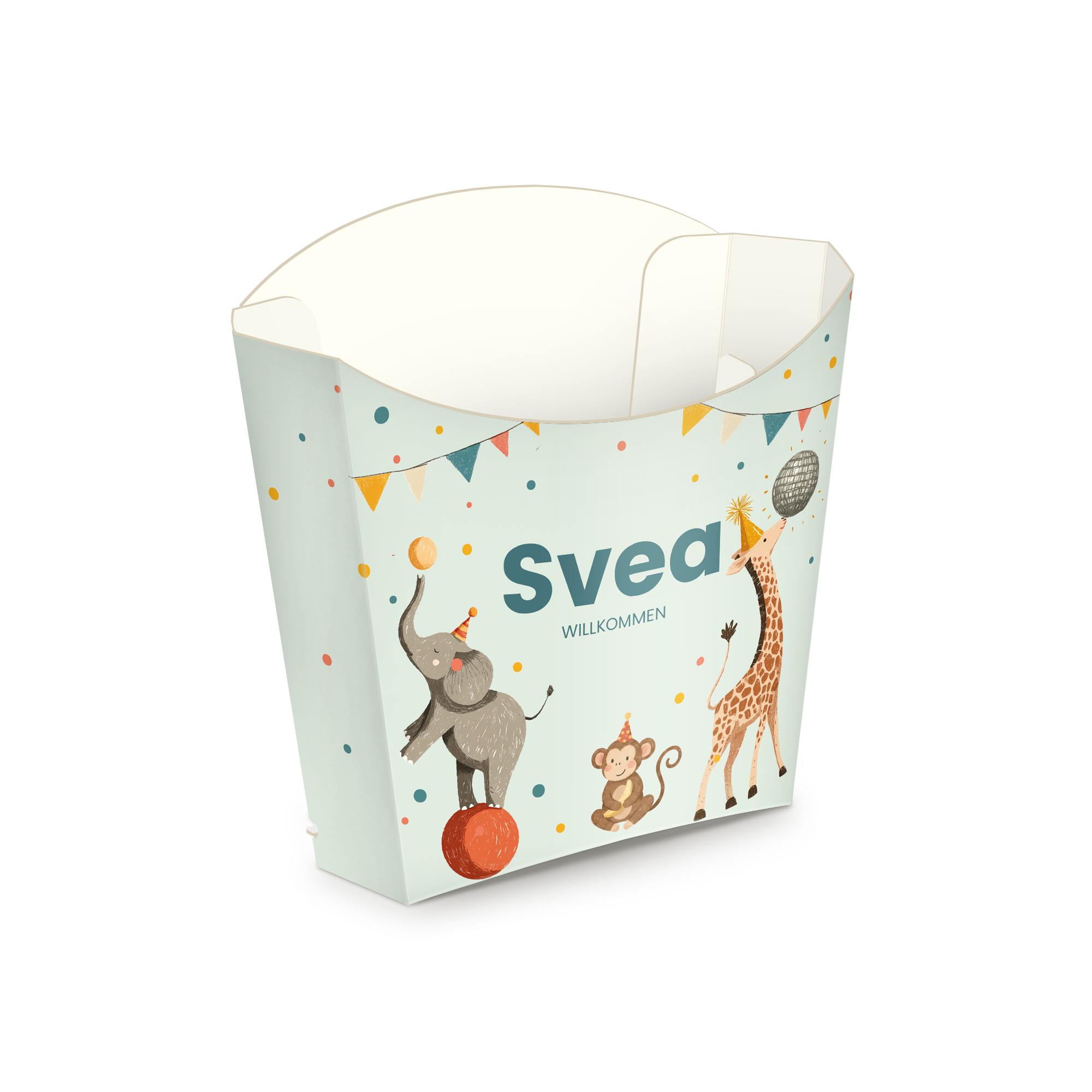 Personalisierte Snack-Schale (8 Stück) mit Tier-Motiven und dem Namen SVEA, WILLKOMMEN als Aufdruck.