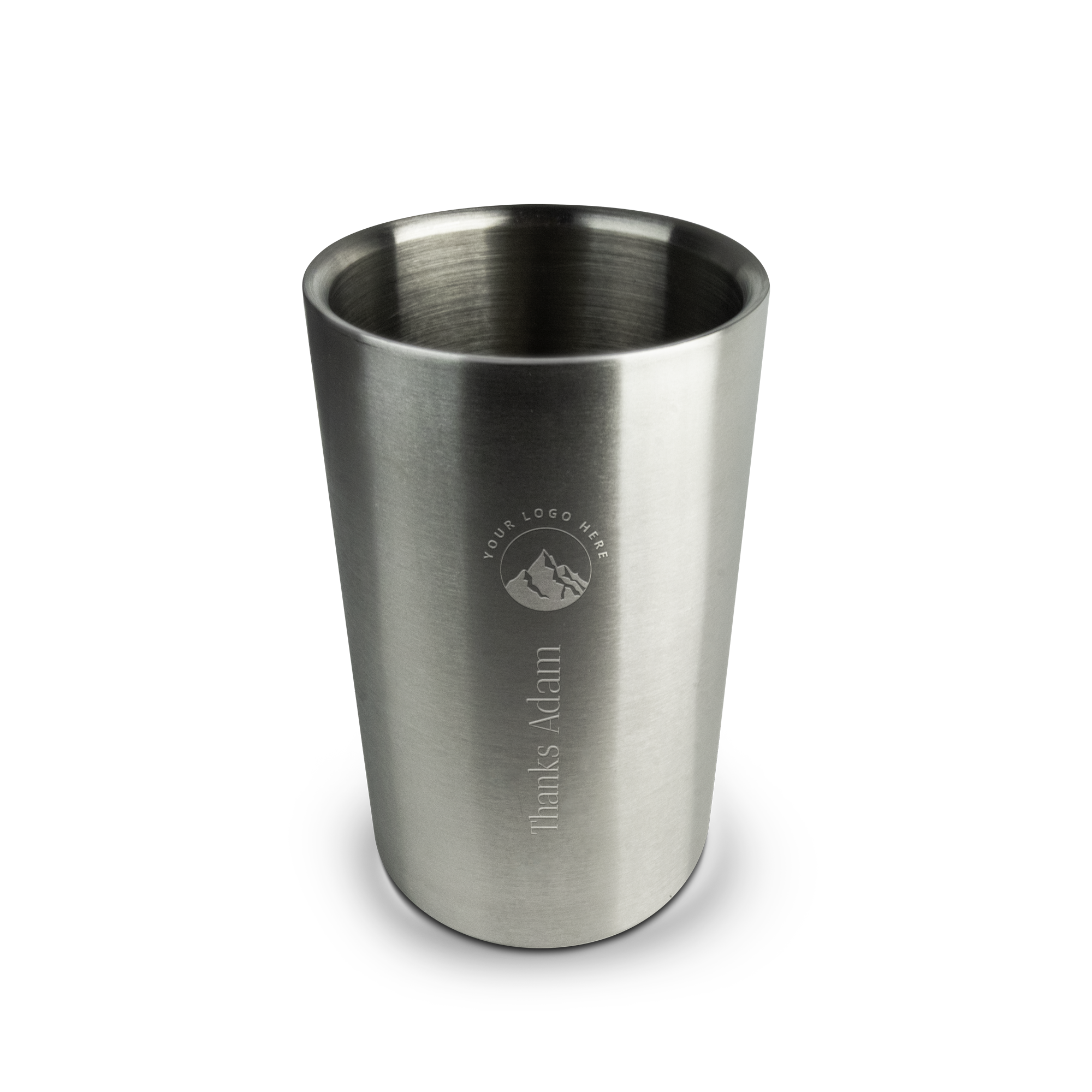 RVS wijnkoeler met 'Your Logo Here' bergdesign en 'Thanks Adam' tekst, gepersonaliseerd met gravure.