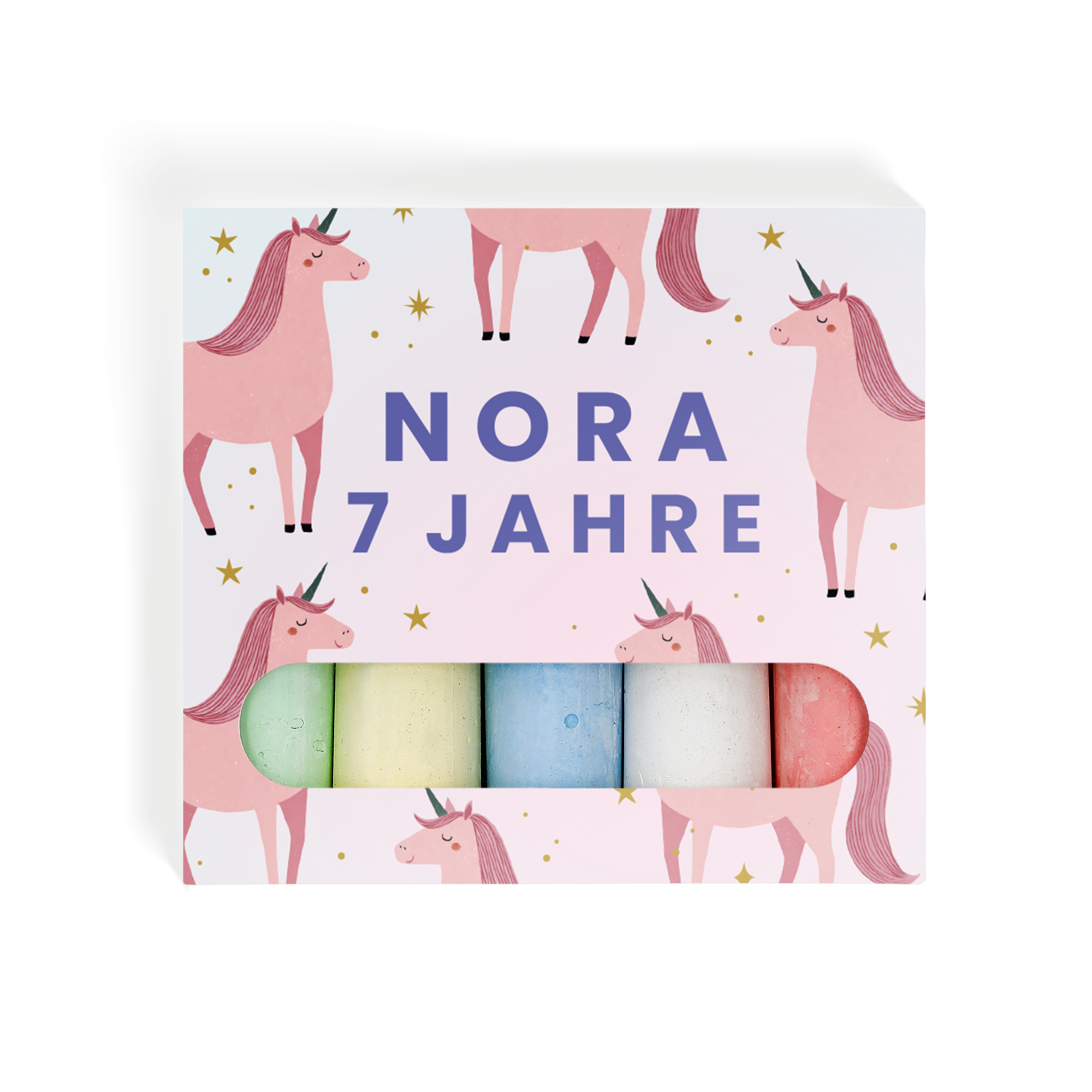 Personalisierte Tafelkreide 6 Stück, verpackt mit Einhorn-Design und aufgedrucktem Namen NORA 7 JAHRE