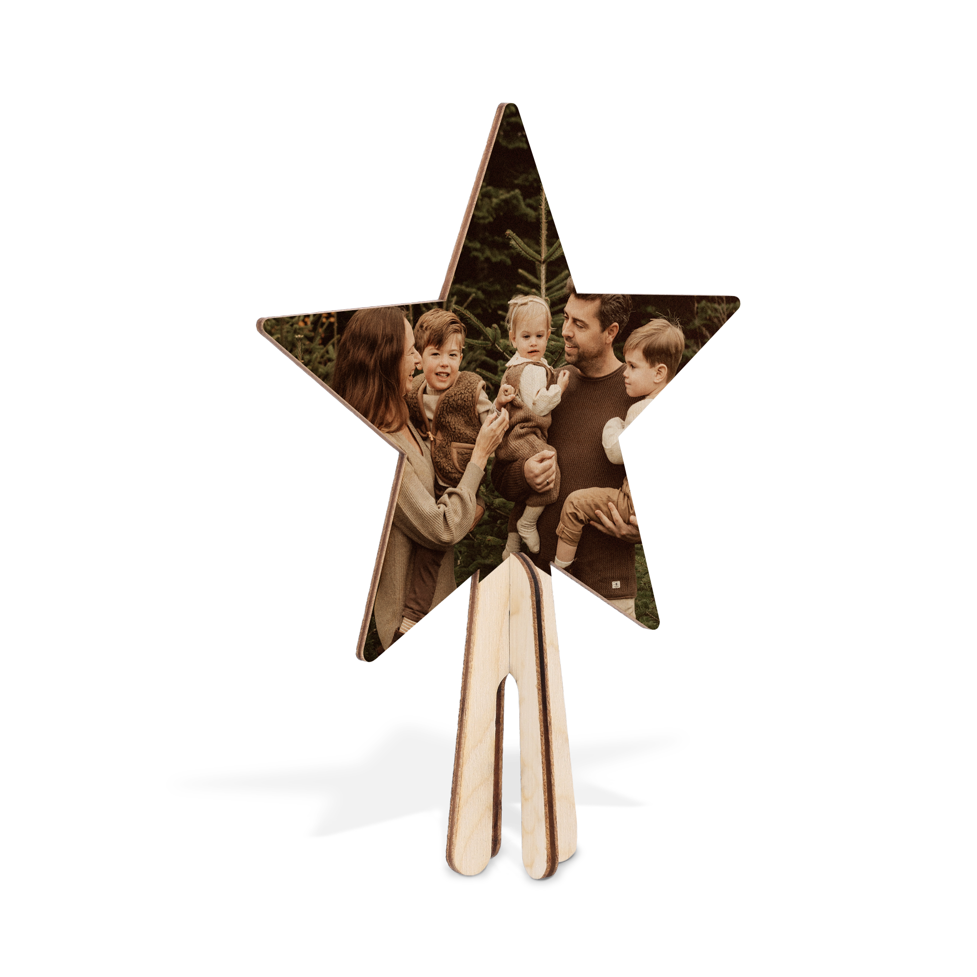 Stjärnformad skräddarsydd trätopp med tryckt familjefoto för julgranen, med tre barn och två vuxna.