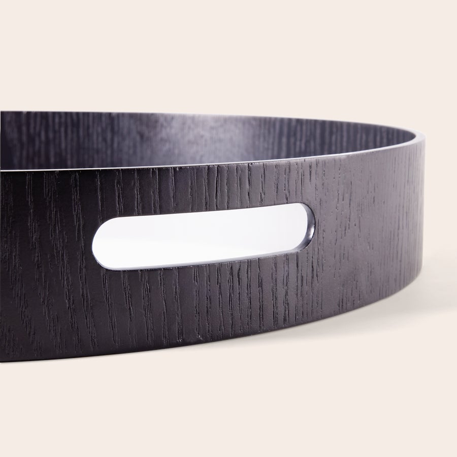 Plateau rond personnalisé Plateau rond personnalisé en bois foncé avec poignées, pour de délicieux petits déjeuners imprimés avec votre design
