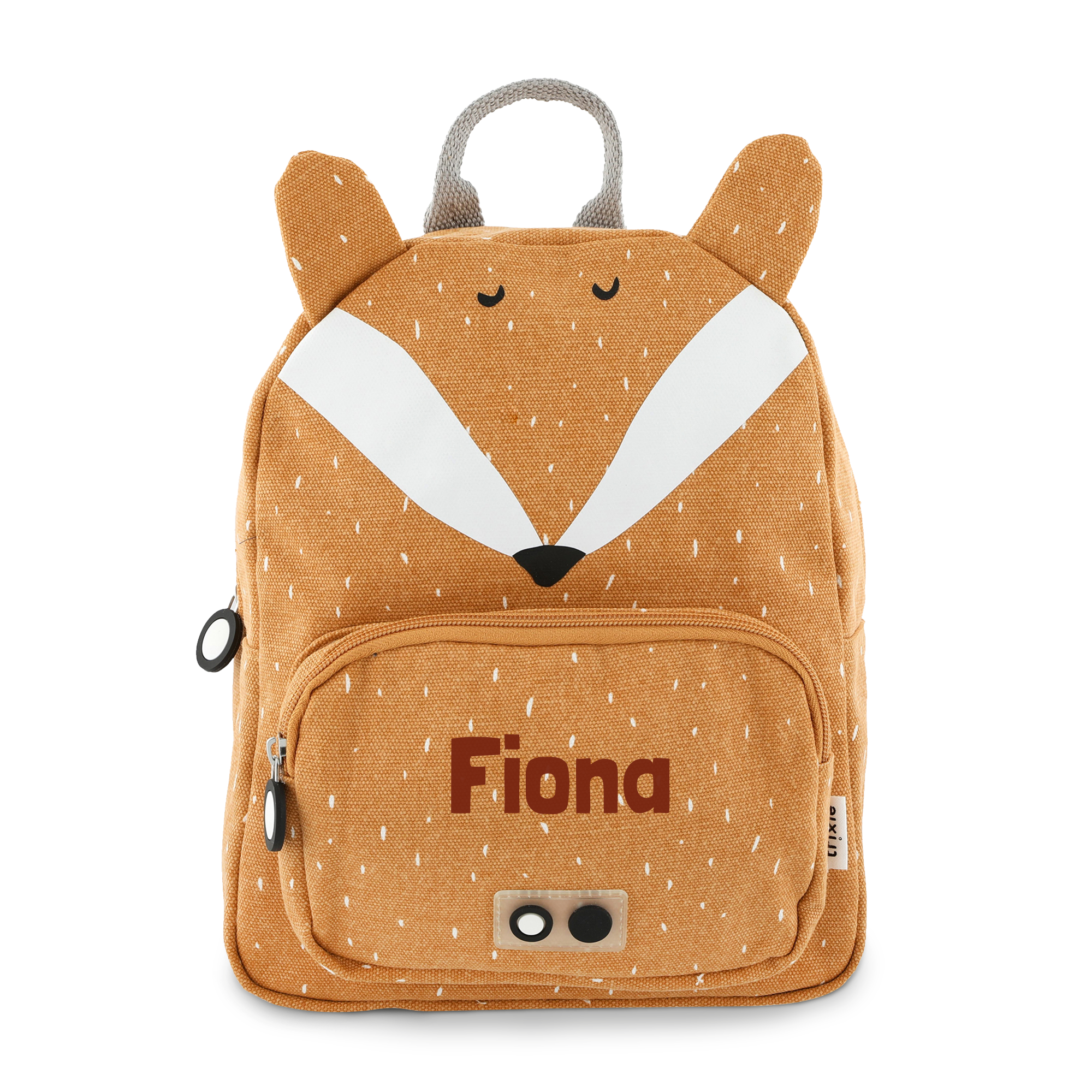 Fuchs Kindergartenrucksack mit Namen, aufgedruckt mit Fiona auf der Fronttasche