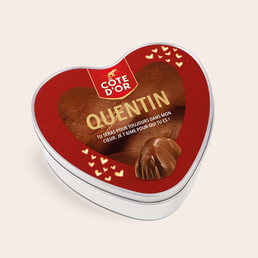 Boîte de Chocolat - Mini Bouchée Côte d'Or Boîte cadeau personnalisée - Coeur - Mini Bouchée rouge avec texte "QUENTIN" et message personnalisé, imprimée avec nom.