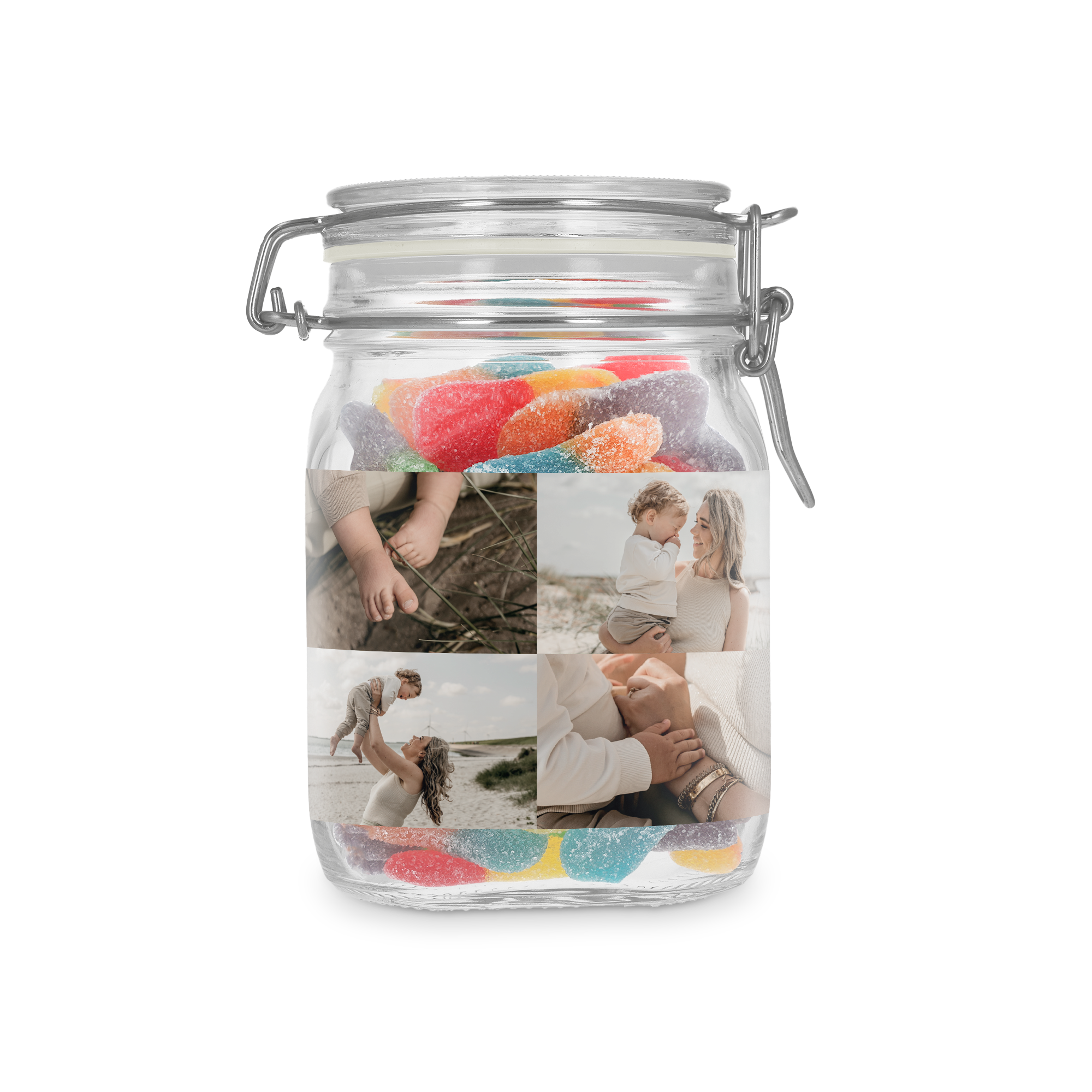 Borcan dulci personalizat cu bastoane acrișoare, cu etichetă foto colaj tipărită, cu imagini de familie.