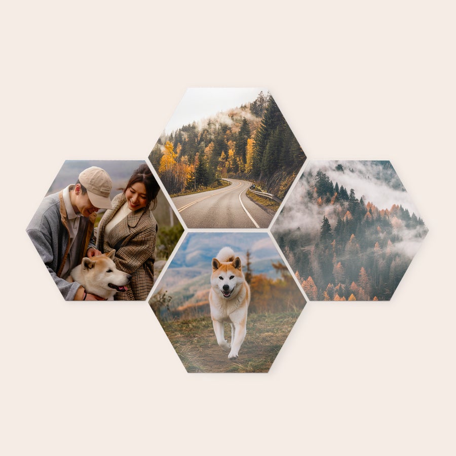 Personlig Billedvæg Personlige sekskantede trævægkunstpaneler med fotoprint, der viser par og hund, samt naturbilleder. Dekorer din væg med trævægkunstpaneler med dit design.