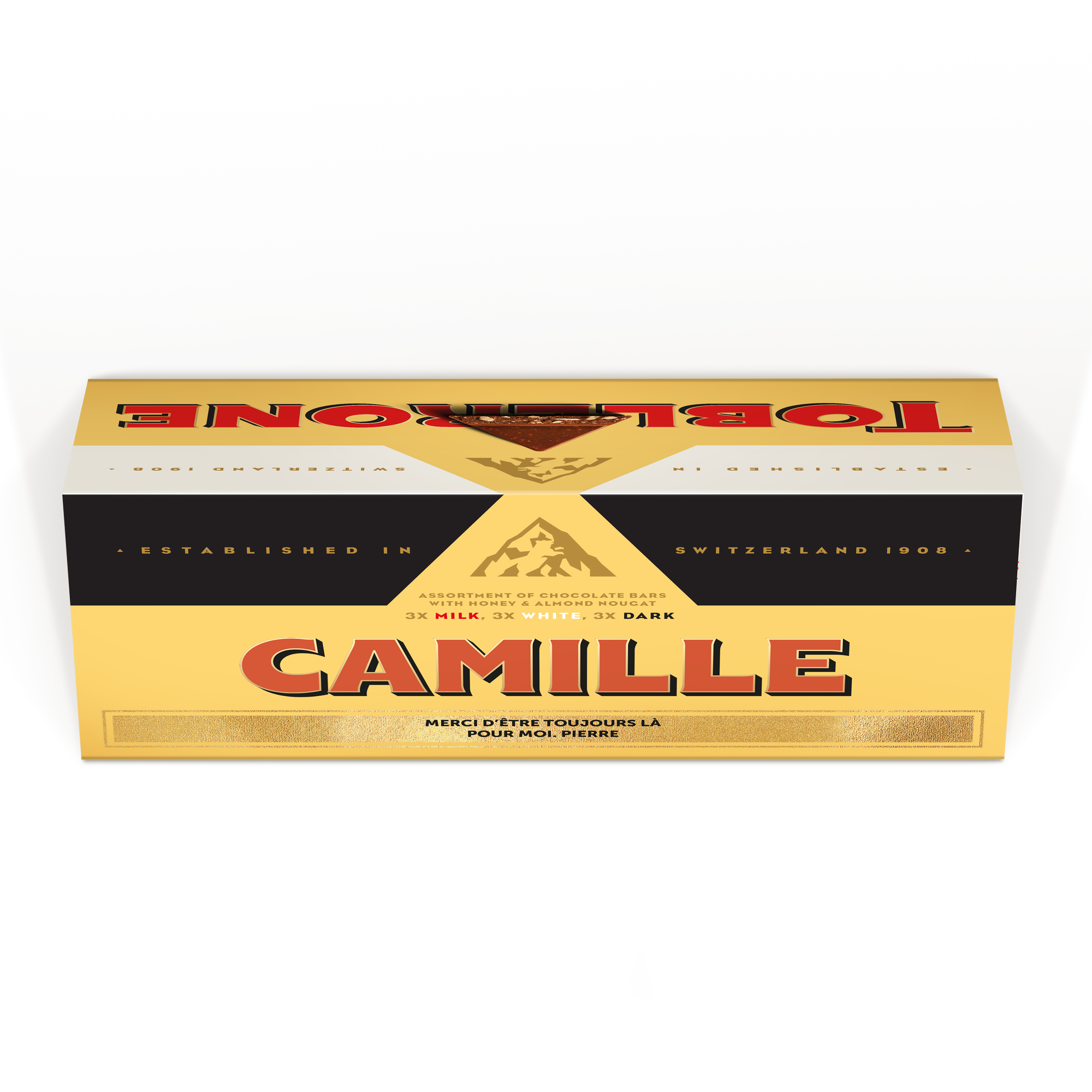 Barre chocolatée personnalisée XL Toblerone Selection avec nom Camille et message imprimés