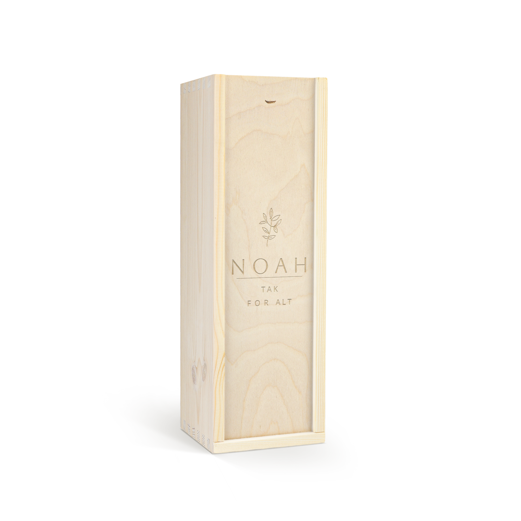 Riondo Pinot Grigio i en luksusgraveret vinboks med teksten NOAH og TAK FOR ALT