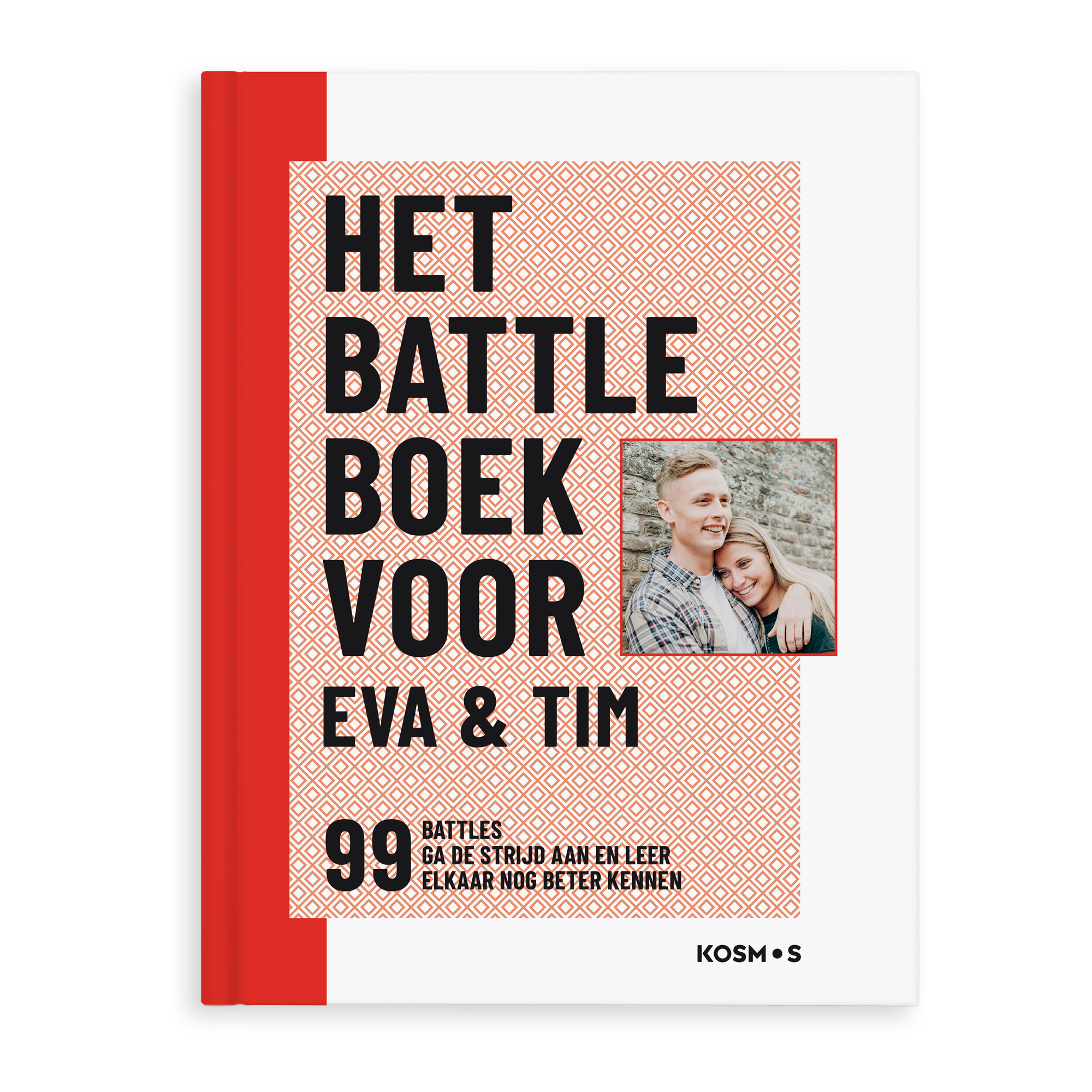 Battle boek voor koppels gepersonaliseerd met namen Eva & Tim en een foto op de voorkant.