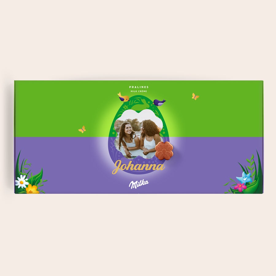 Milka Pralinen Ostern Personalisierte Milka Pralinen in einer Box mit Foto und dem Namen Johanna, ideal als Ostergeschenk.