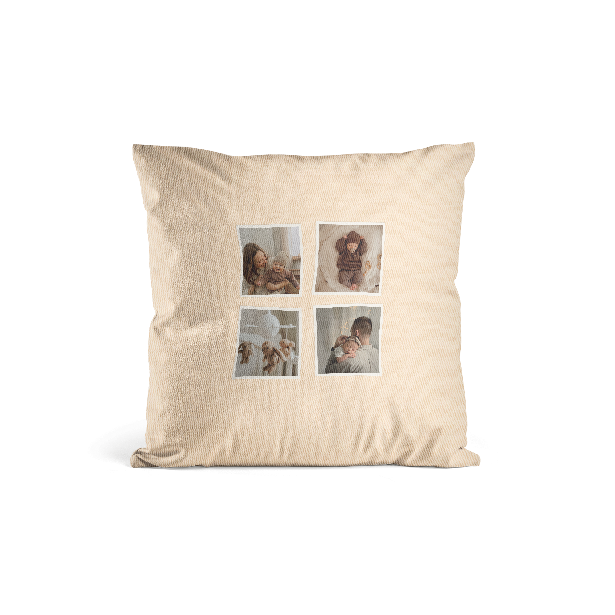 Cuscino personalizzato beige con 4 foto stampate di famiglia per trasformare qualsiasi spazio