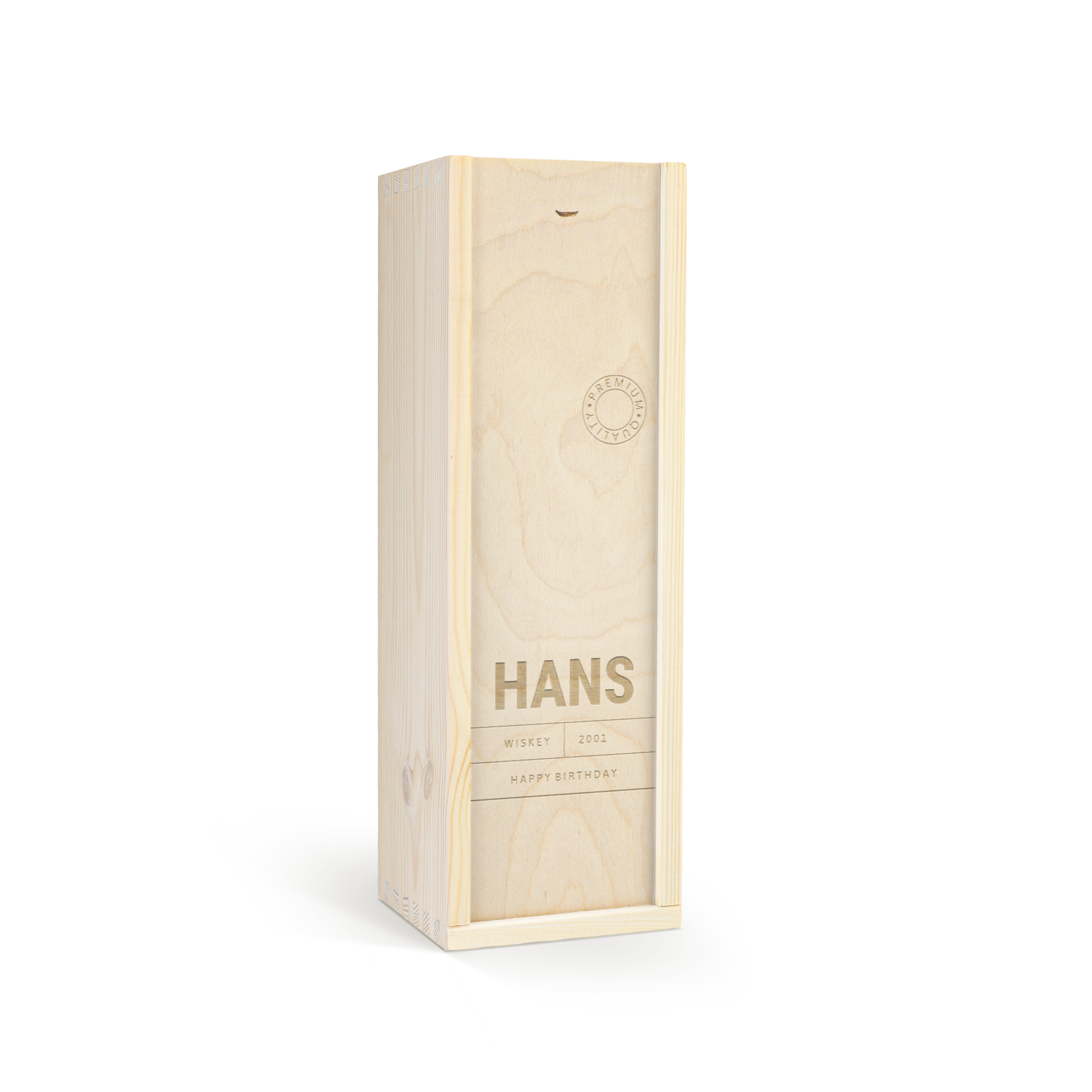 Houten kist voor whisky, gegraveerd met de naam Hans, het jaartal 2001 en Happy Birthday