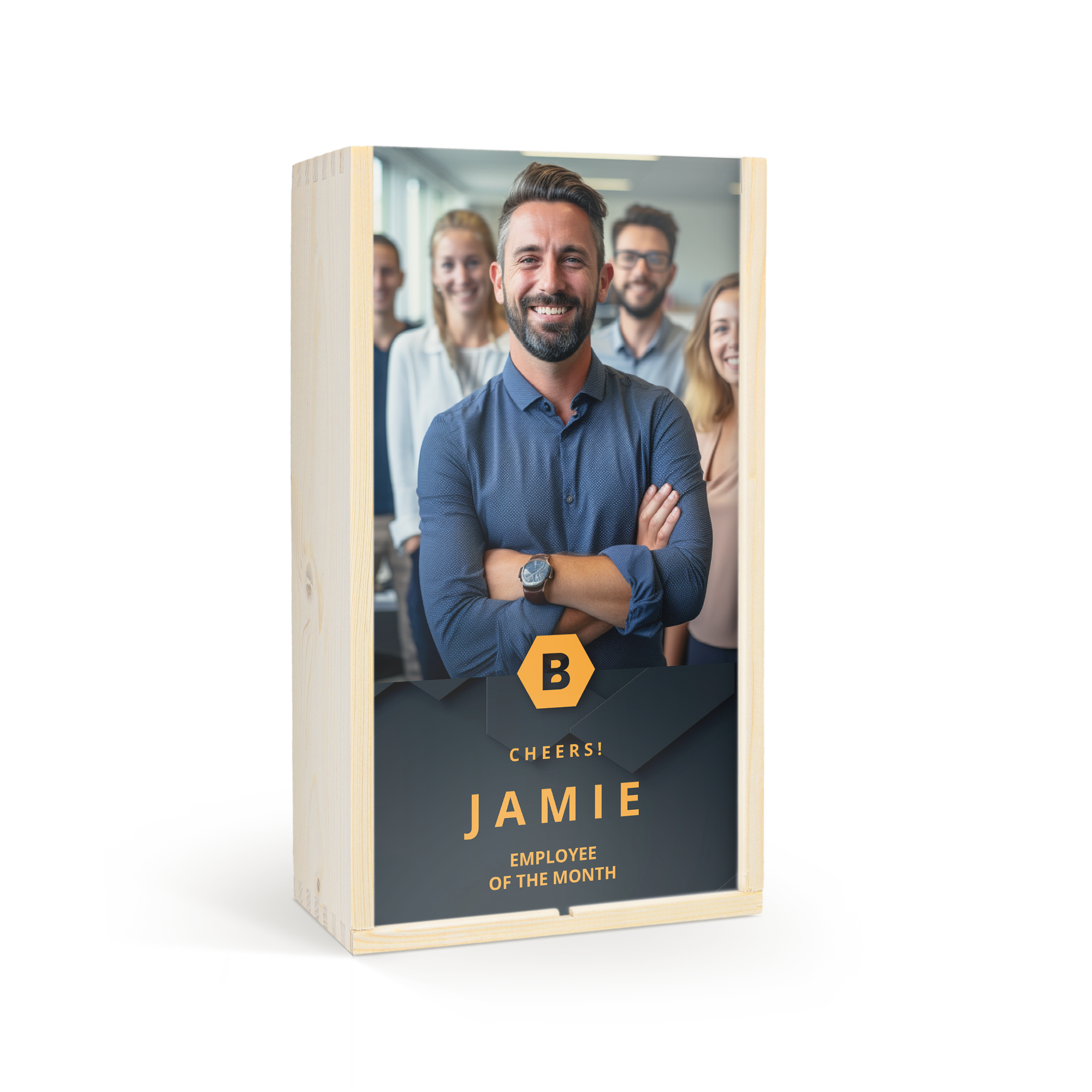 Personalised wooden case with a photo printed on the lid with the text Cheers Jamie Employee of the Month