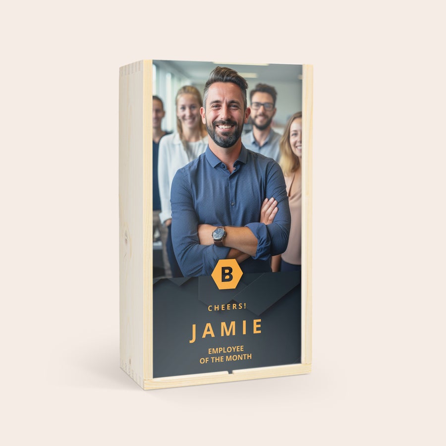 Personalised Wooden Gift Box Personalised wooden case with a photo printed on the lid with the text Cheers Jamie Employee of the Month