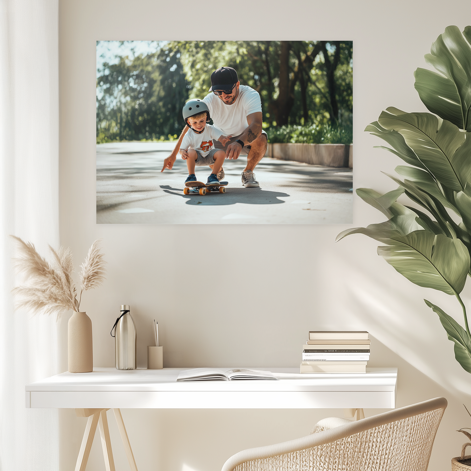 Poster personalizat cu o fotografie a unui tată și fiu pe un skateboard. Înregistrați momentele preferate pe aceste uimitoare fotografii poster.