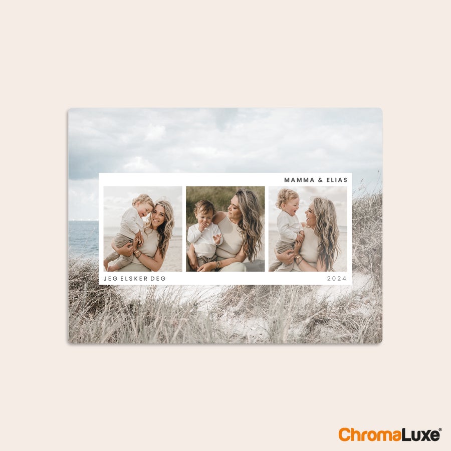 Aluminium fotopanel Chromaluxe aluminiumsfotoprint med tre personlige bilder av mor og barn, navnet Mamma & Elias og teksten Jeg elsker deg 2024