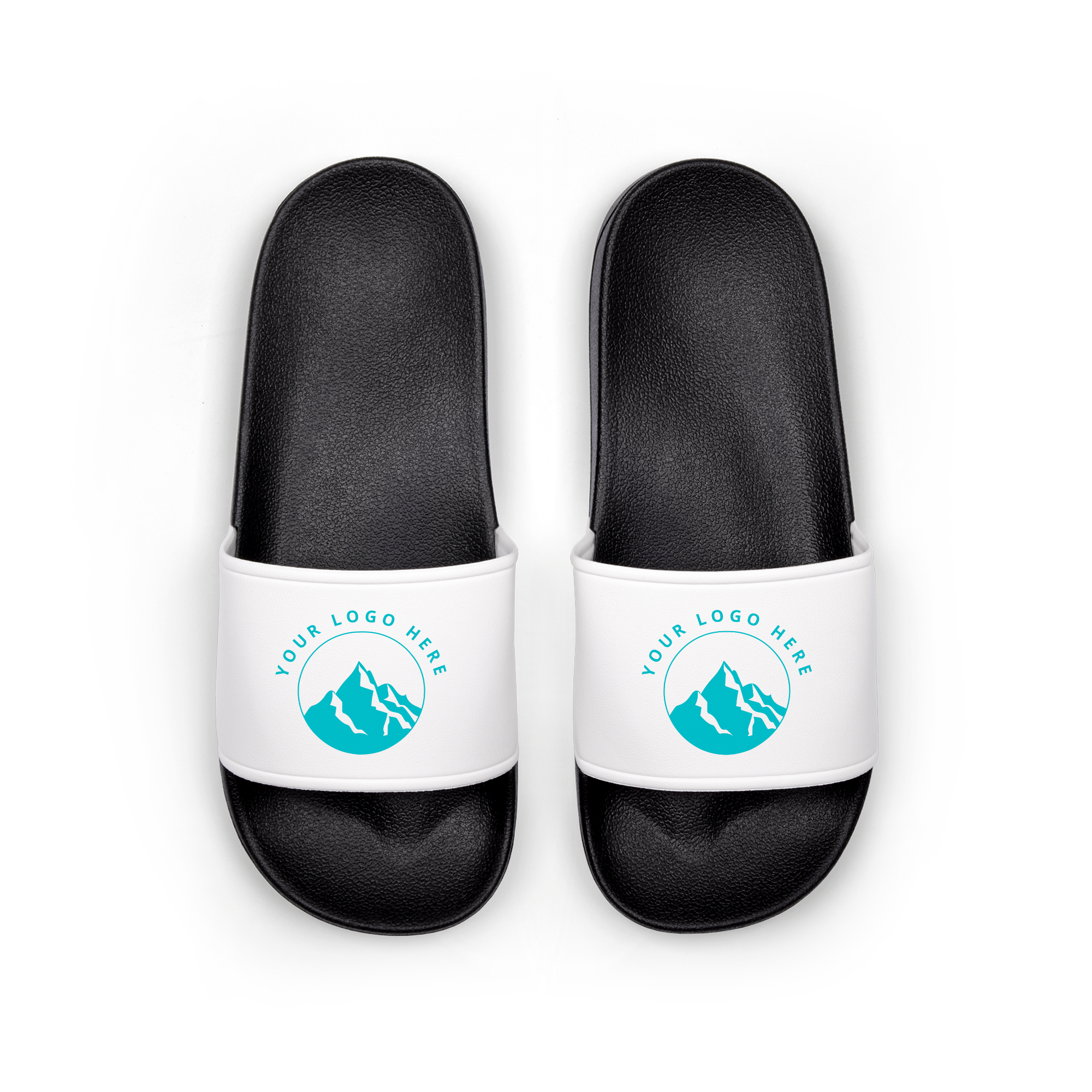 Sliders personalizados brancos e pretos, perfeitos para o verão, impressos com um logotipo de montanhas