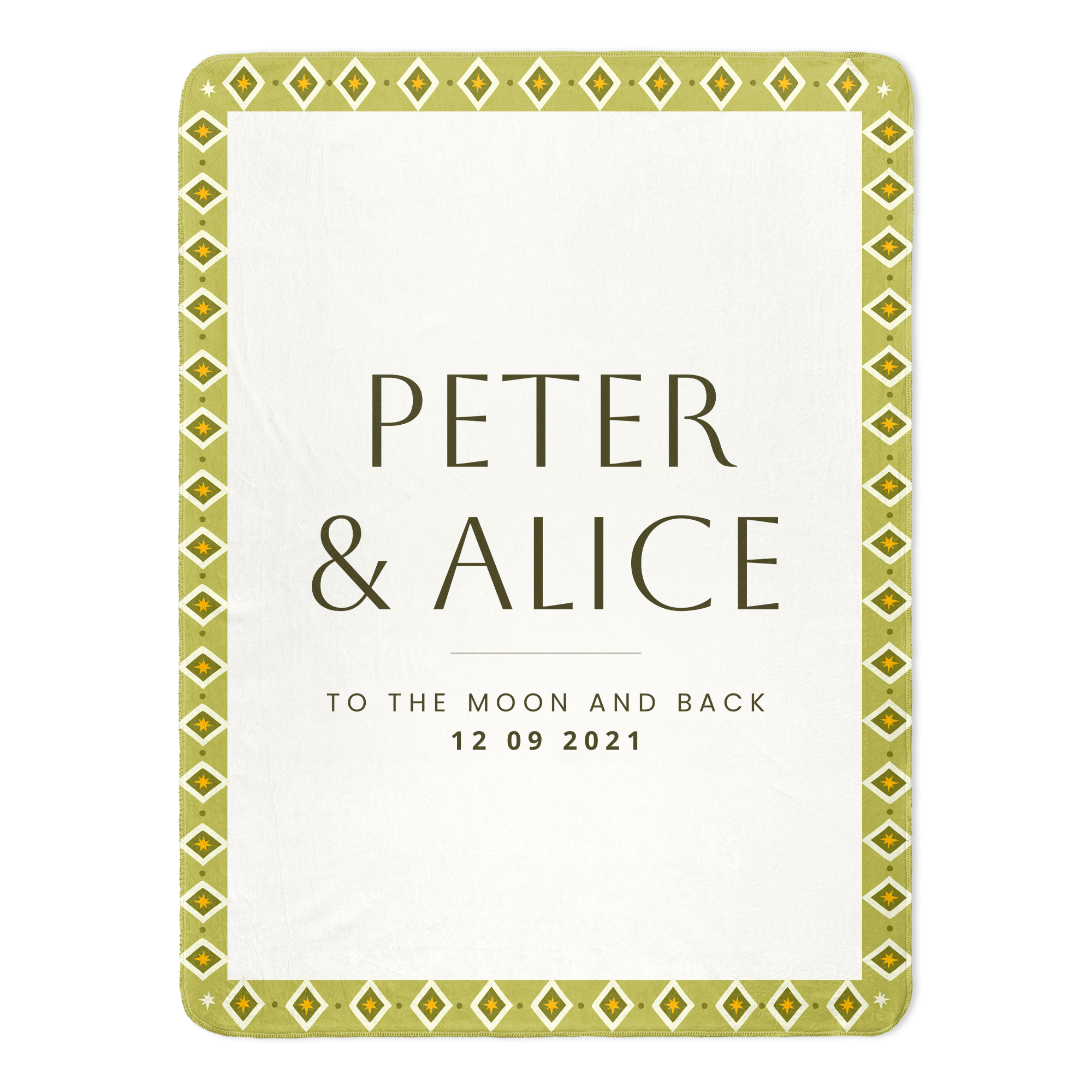 Personalized fleece blanket printed with names Peter and Alice and the date 12 09 2021