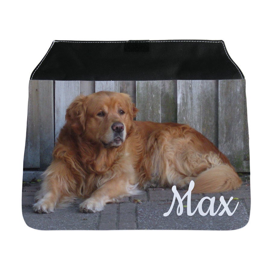 Ekstra taskecover til personlig taske, med foto af golden retriever og navnet Max