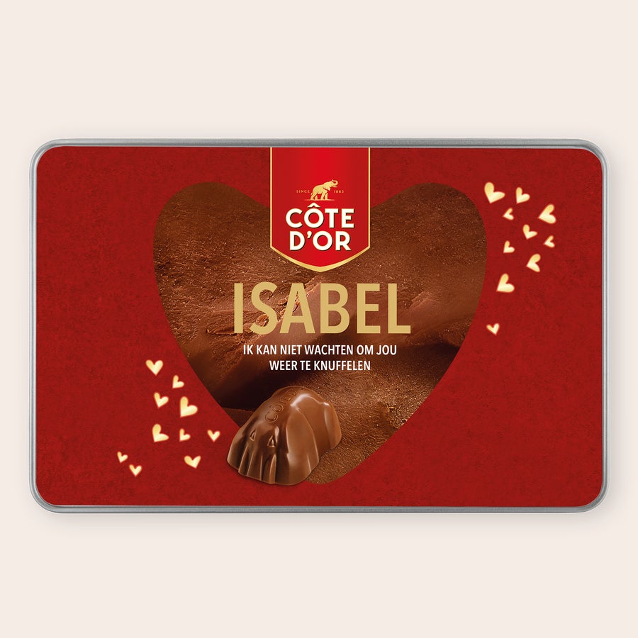 Cadeaublik bedrukken - Mini Bouchée Côte d’Or Mini Bouchée Chocolade Box met naam - Rechthoek, een gepersonaliseerde rode metalen doos met hartprint en de naam "ISABEL" bedrukt.