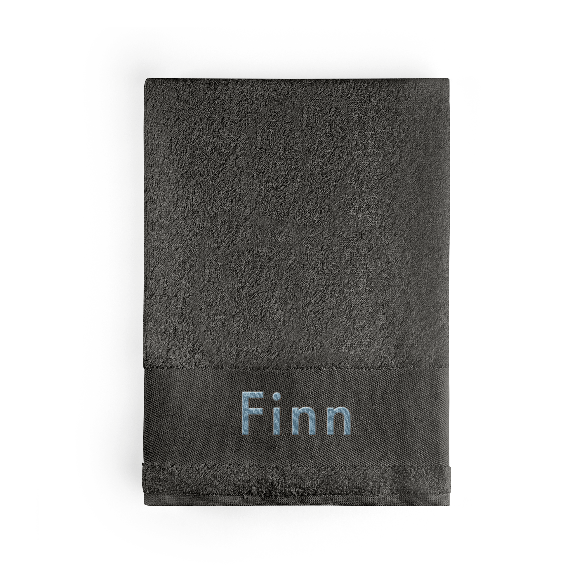 Dunkelgraues Handtuch besticken mit dem Namen Finn in hellblauer Schrift