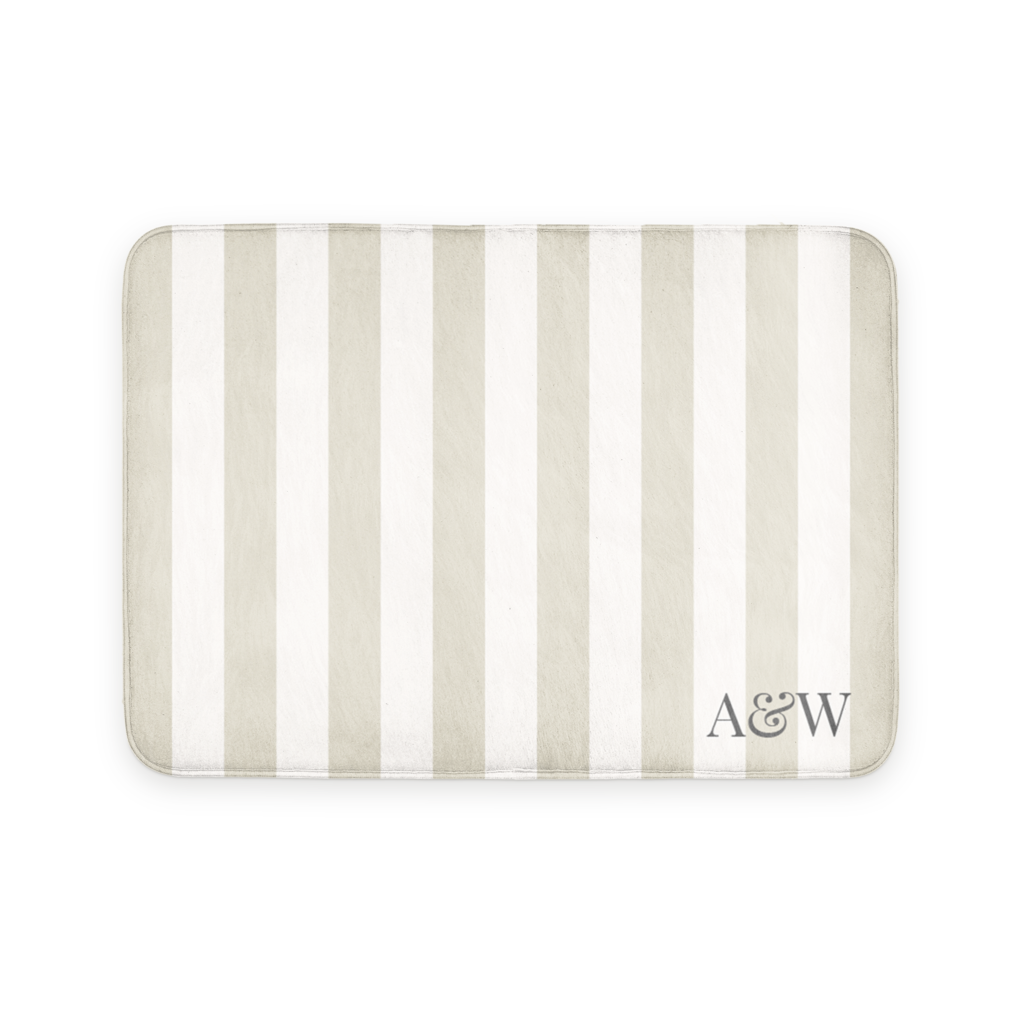 Alfombra de baño personalizada con rayas beige y blancas impresa con las iniciales A & W para un paraíso personal