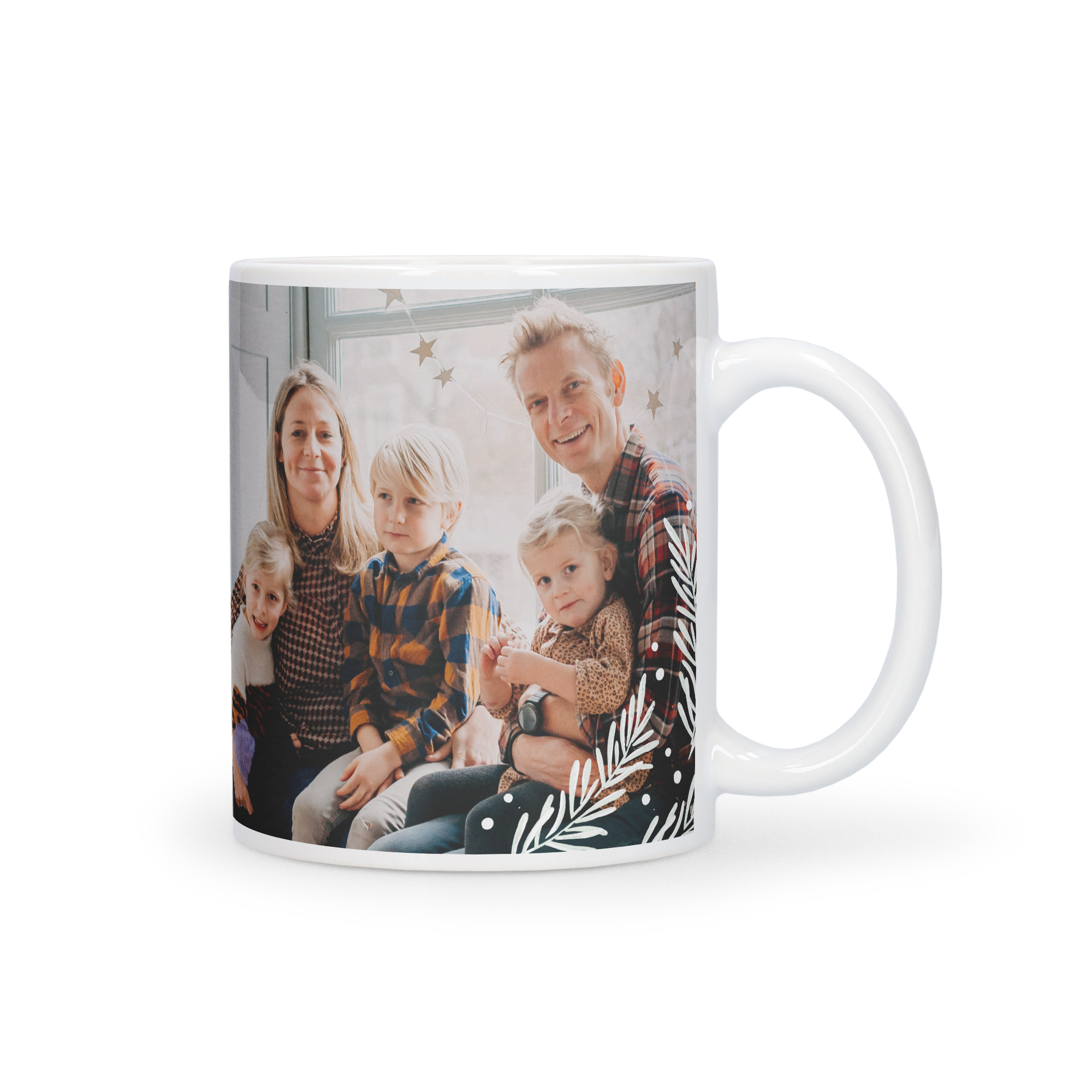 Tazza di Natale bianca personalizzata con foto di famiglia e decorazioni stampate