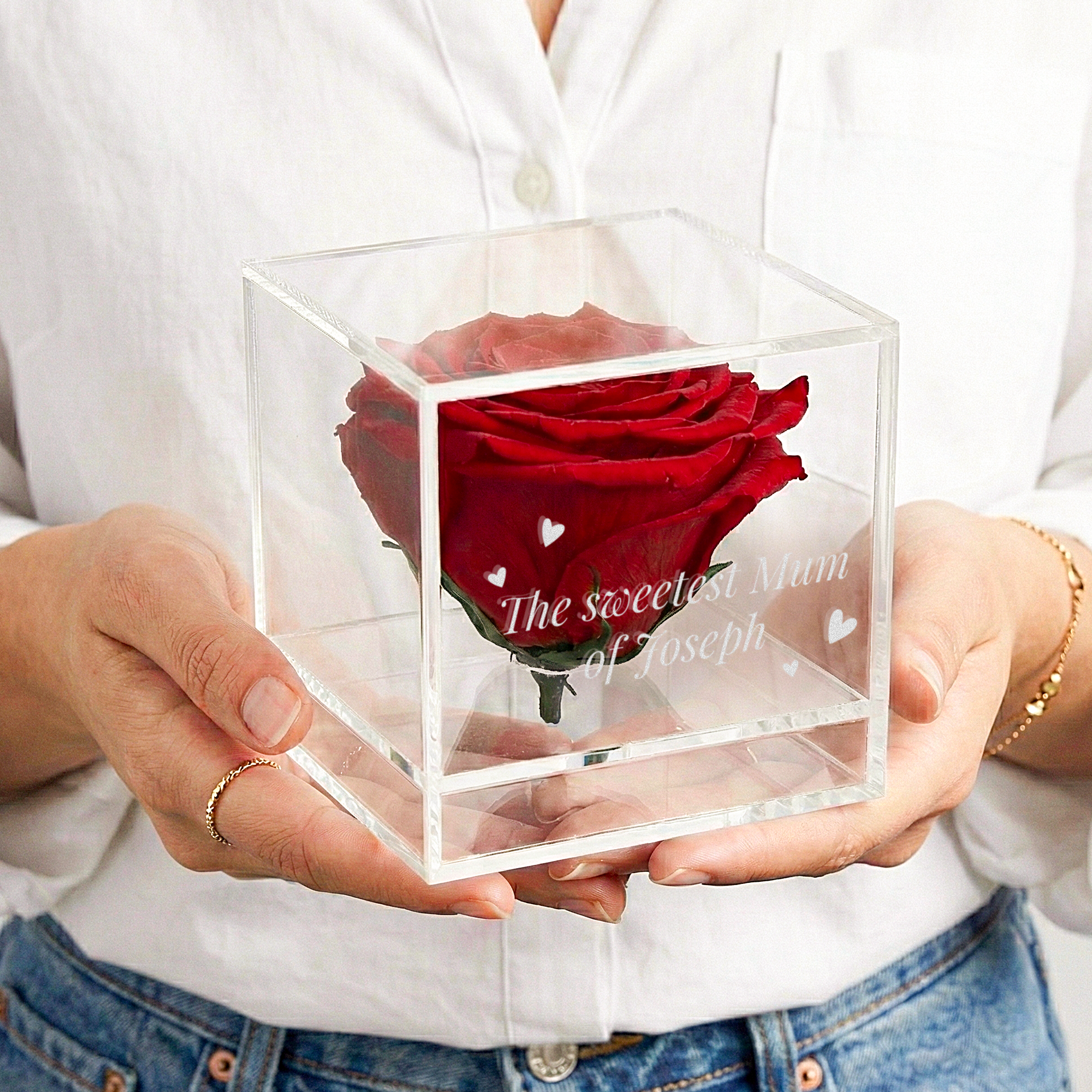 Rosa eterna in custodia di plexiglas incisa