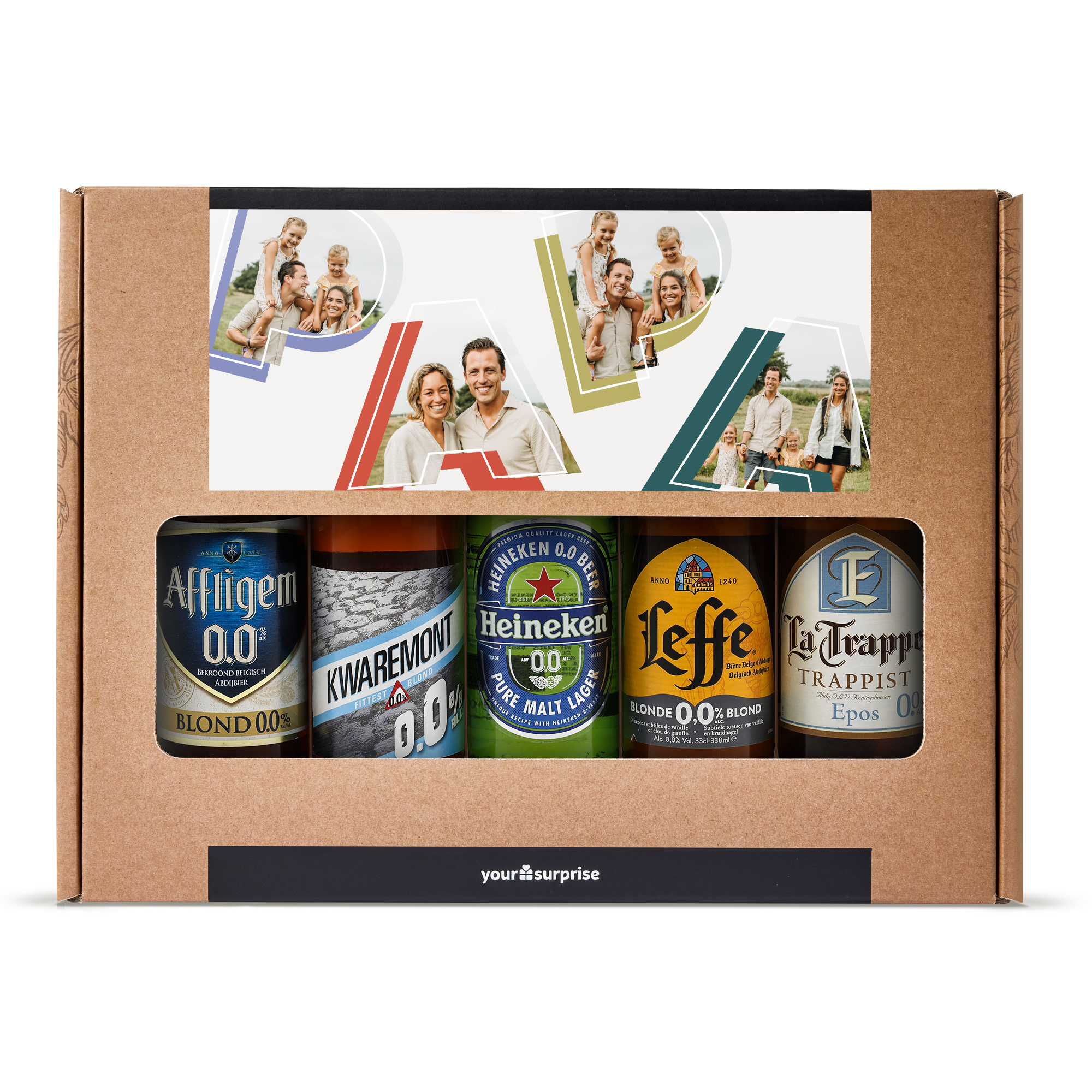 Bierpakket met foto en/of naam, bedrukt met familiefoto's in de tekst "PAPA" en 5 alcoholvrije bieren.