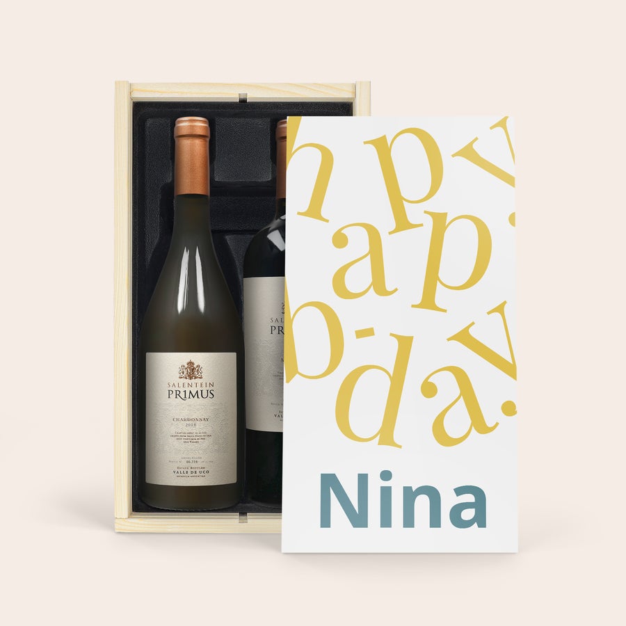 Wijnpakket in bedrukte kist - Salentein Primus Malbec en Chardonnay Salentein Primus wijnpakket in luxe bedrukte wijnkist met Happy Birthday en naam Nina