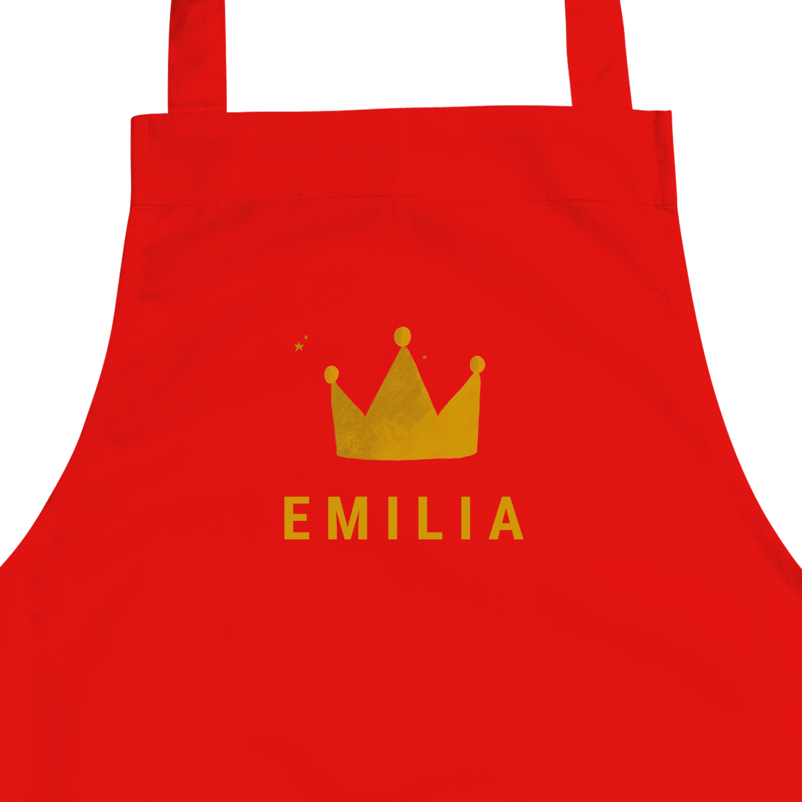 Rood kinderschort bedrukt met een gouden kroon en de naam Emilia, een persoonlijk schort voor een kleine chef