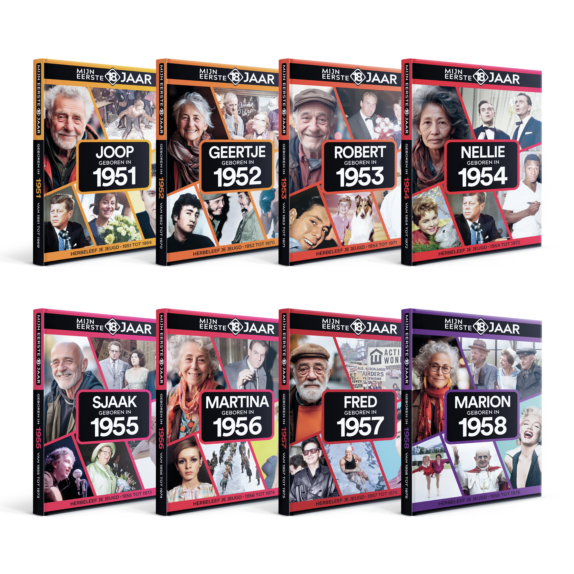 Diverse boeken Mijn eerste 18 jaar met gepersonaliseerde namen zoals Joop en Nellie, een trip down memory lane.