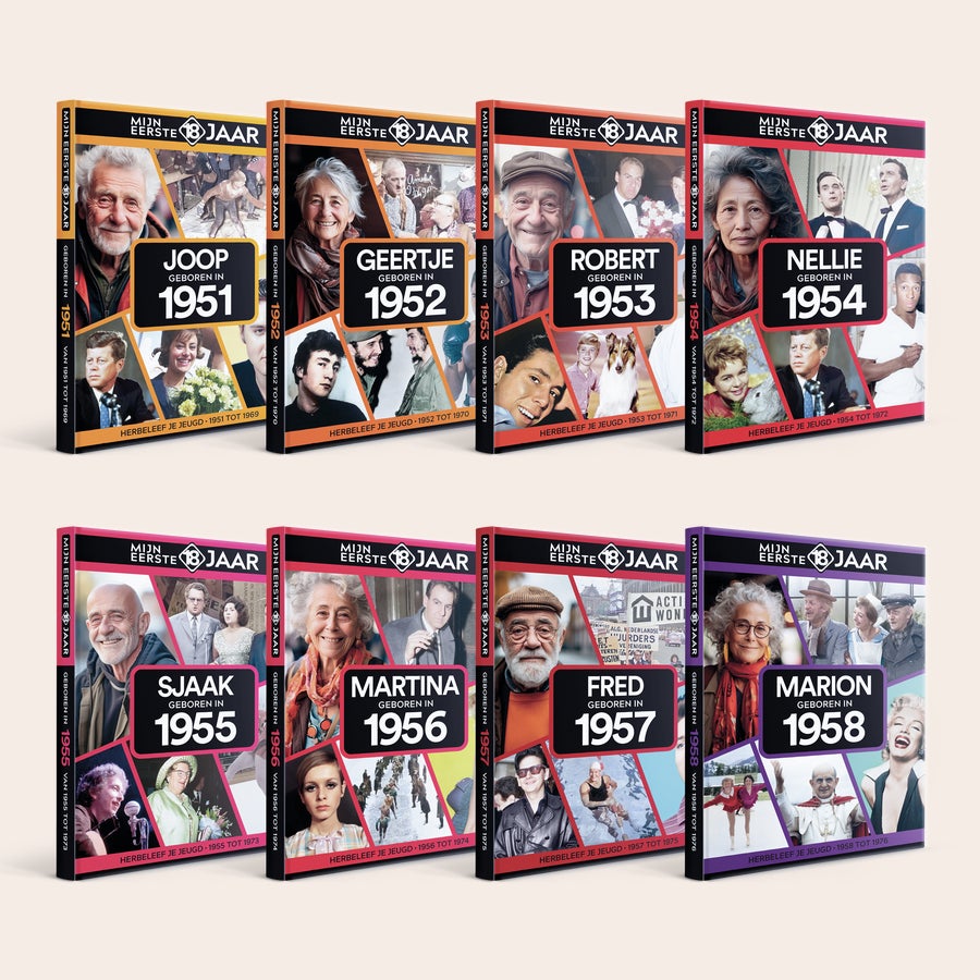Geboortejaar boek - Mijn eerste 18 jaar Diverse boeken Mijn eerste 18 jaar met gepersonaliseerde namen zoals Joop en Nellie, een trip down memory lane.