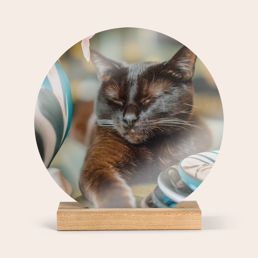 Piastrella in Legno con Foto Personalizzata Piastrella rotonda in legno con foto personalizzata di un gatto nero stampata