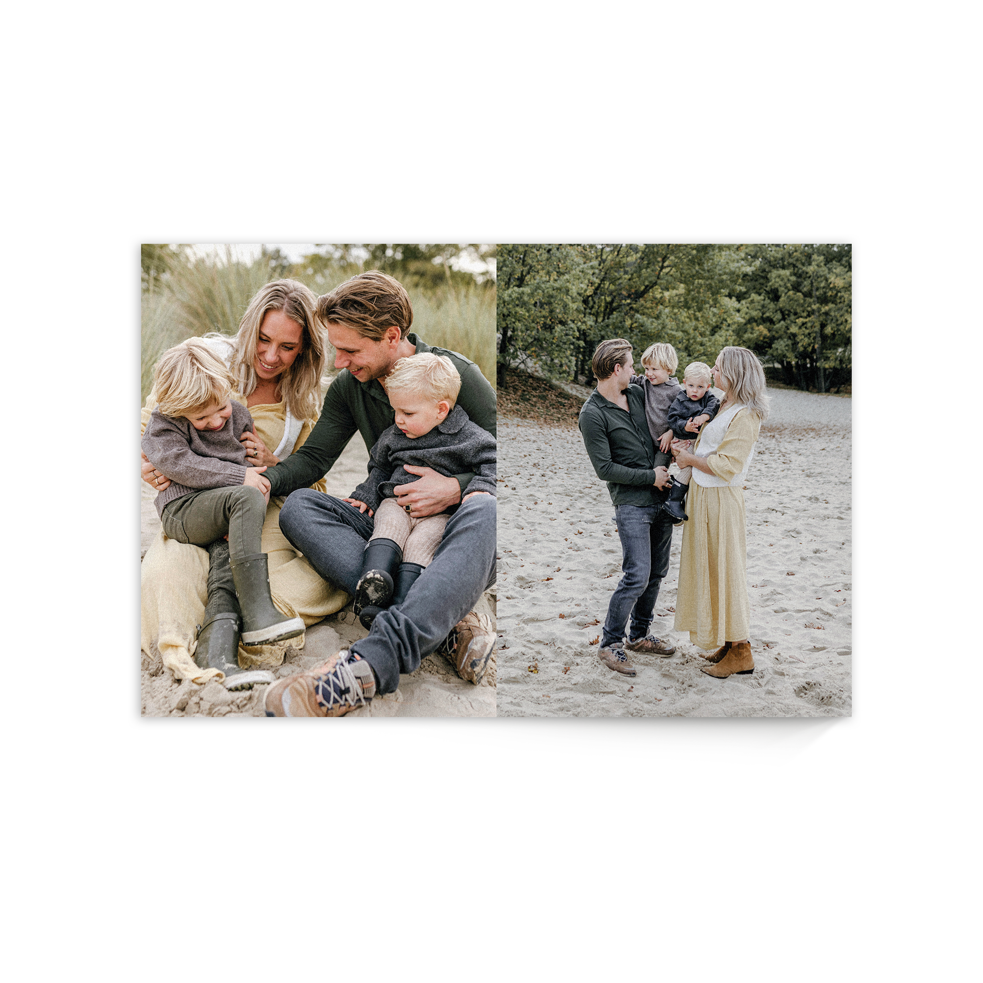 Fotografie personalizată imprimată pe lemn cu o familie bucuroasă pe plajă.