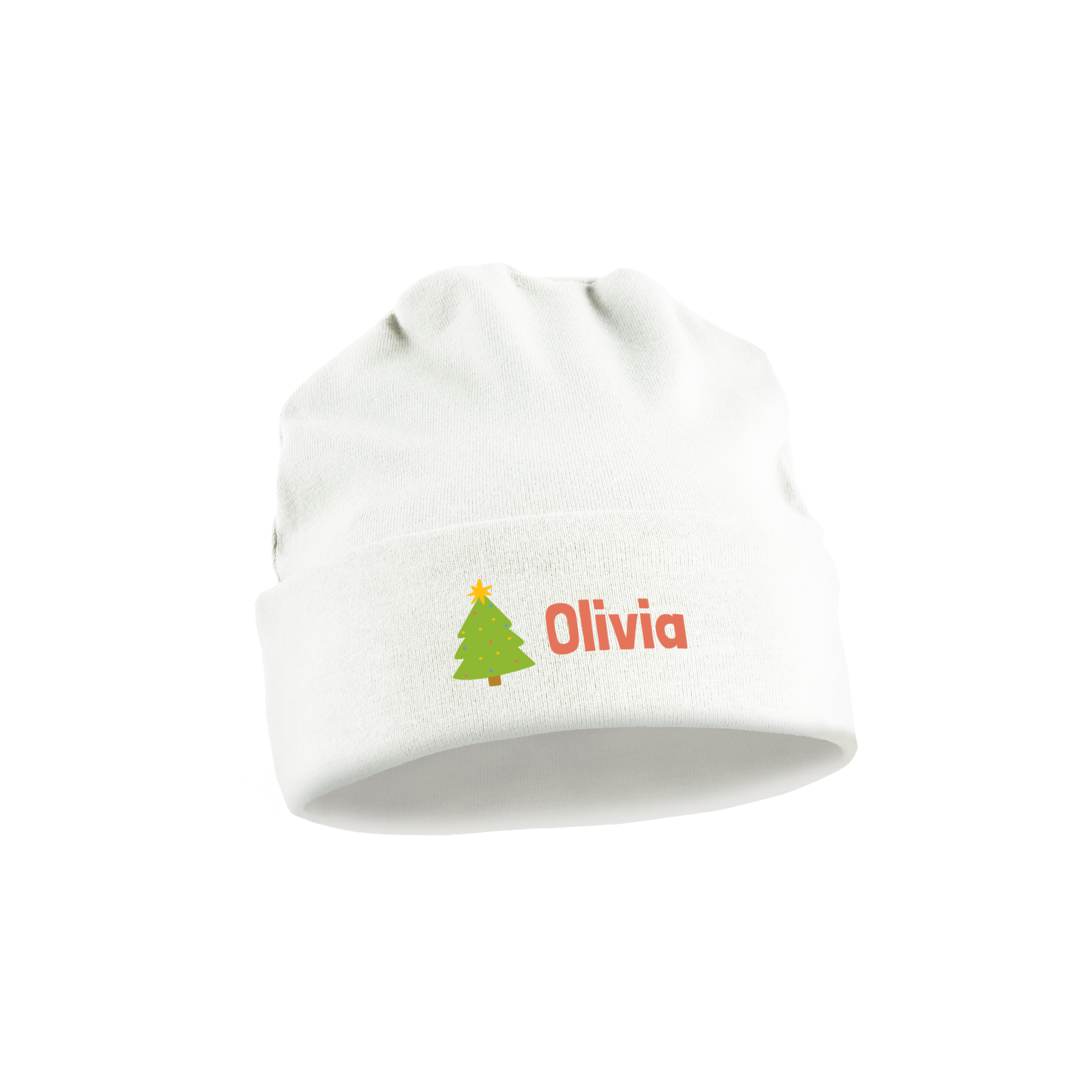 Biela detská vianočná čiapka s menom Olivia a potlačou vianočného stromčeka, ideálna na prvé Vianoce dieťaťa.