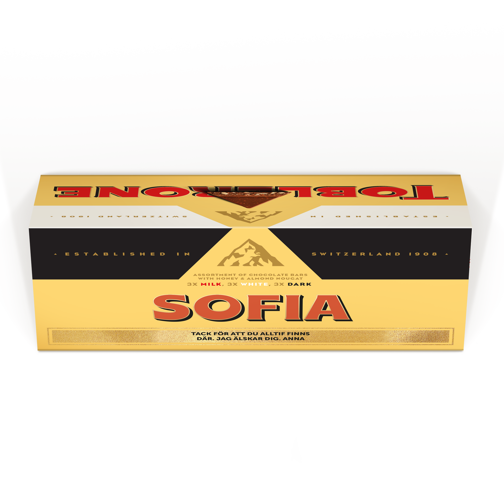 Denna personliga XL Toblerone Selection chokladkaka är en stor Toblerone-förpackning med en tryckt etikett med namnet Sofia och ett personligt meddelande