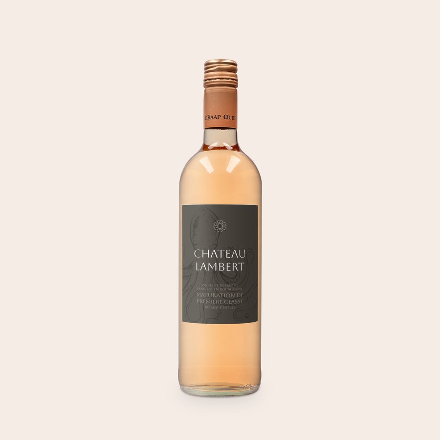 Coffret vin Oude Kaap - Rosé personnalisé Bouteille Oude Kaap Rosé avec étiquette personnalisée Chateau Lambert, texte et logo modifiables